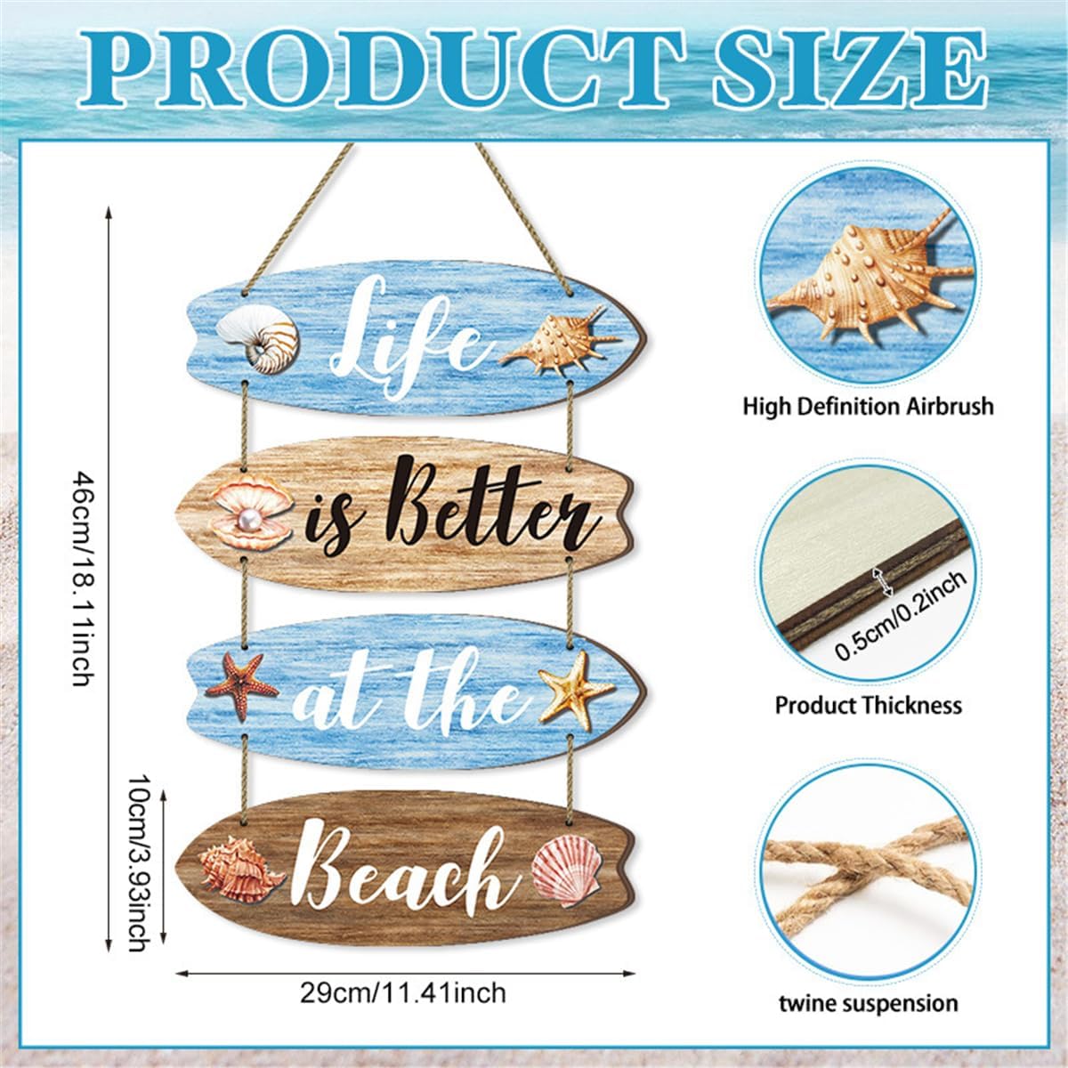 Wooden Beach Wall Decor Sign with Shells and Starfish