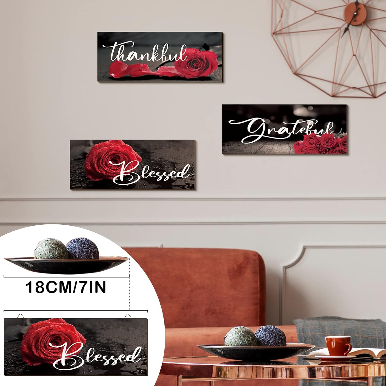 Hillban 3 Piece Red Rose Wooden Wall Art Decor