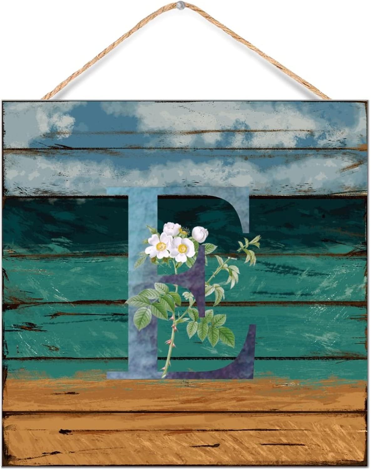 Rustic Wood Wall Sign Initial Letter E Blue Green