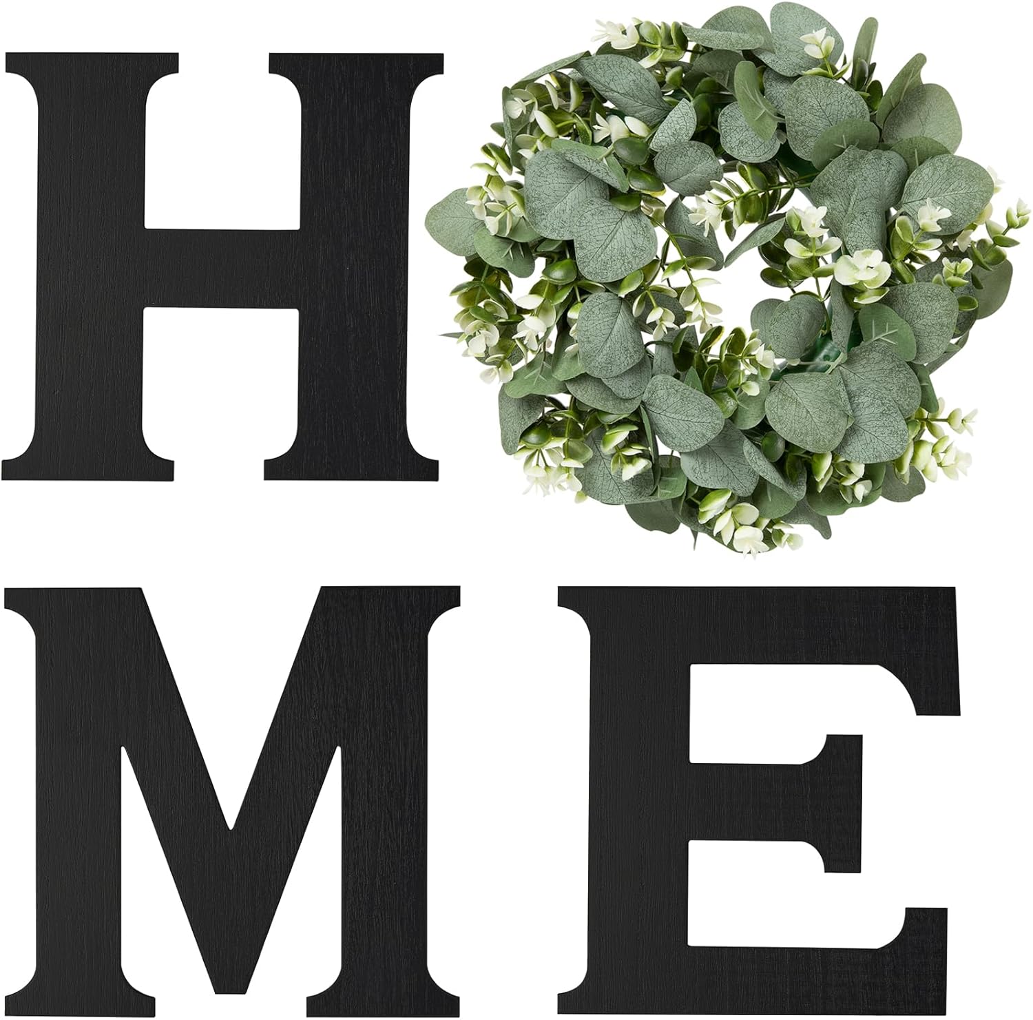 Mkono Farmhouse Wall Sign with Black Wooden Letters and Artificial Eucalyptus Wreath