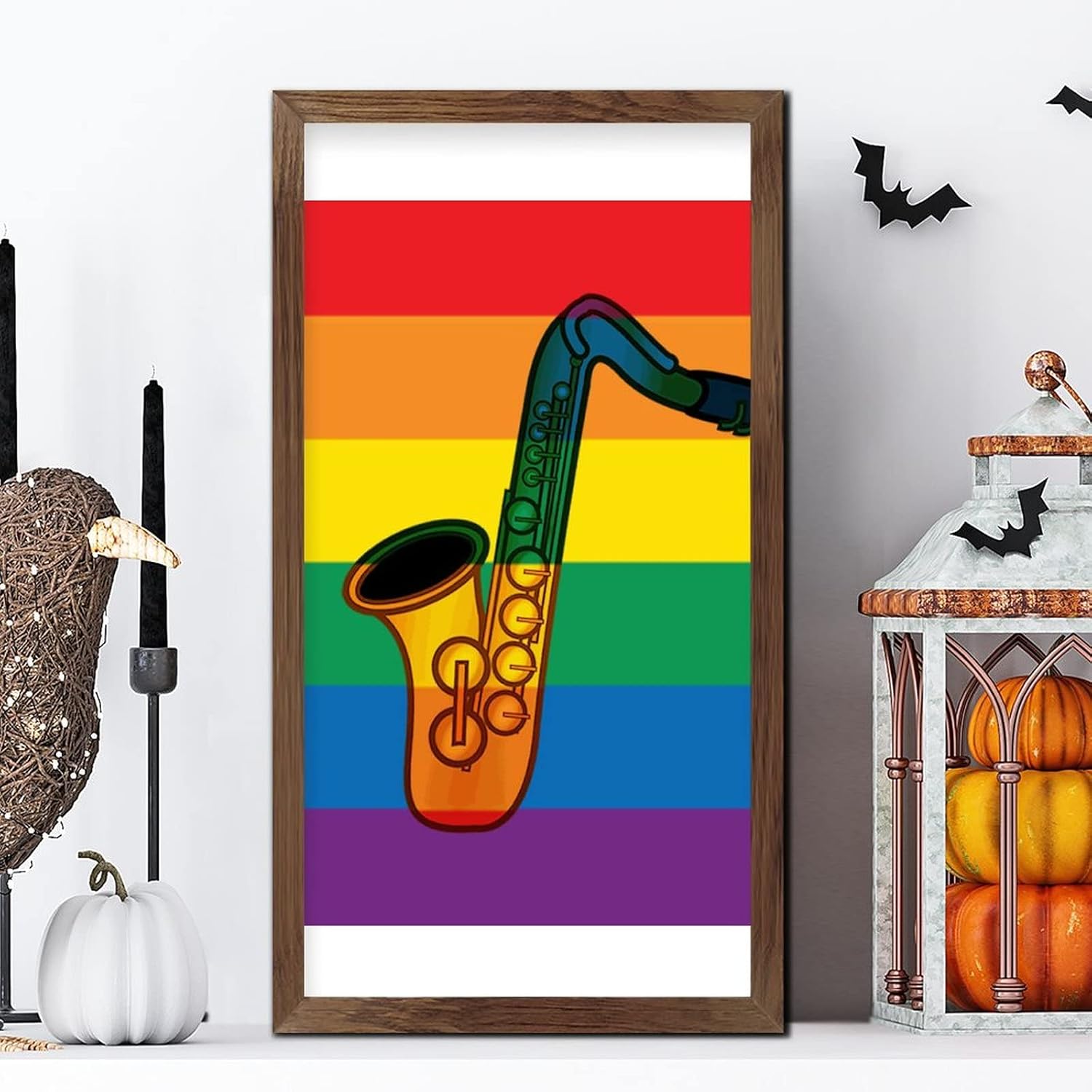LGBTQ Pride Wood Framed Rainbow Saxophone Wall Art Sign