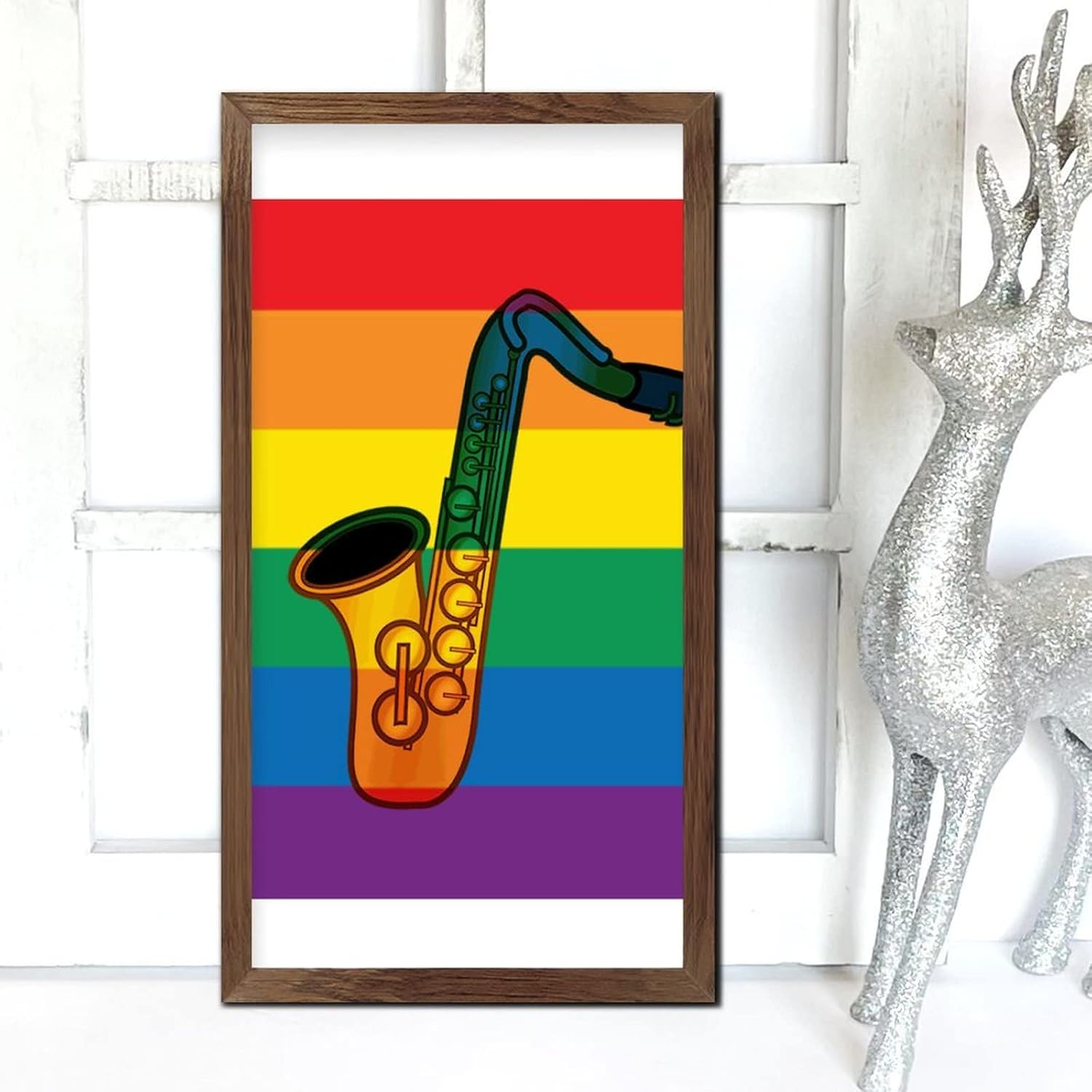 LGBTQ Pride Wood Framed Rainbow Saxophone Wall Art Sign