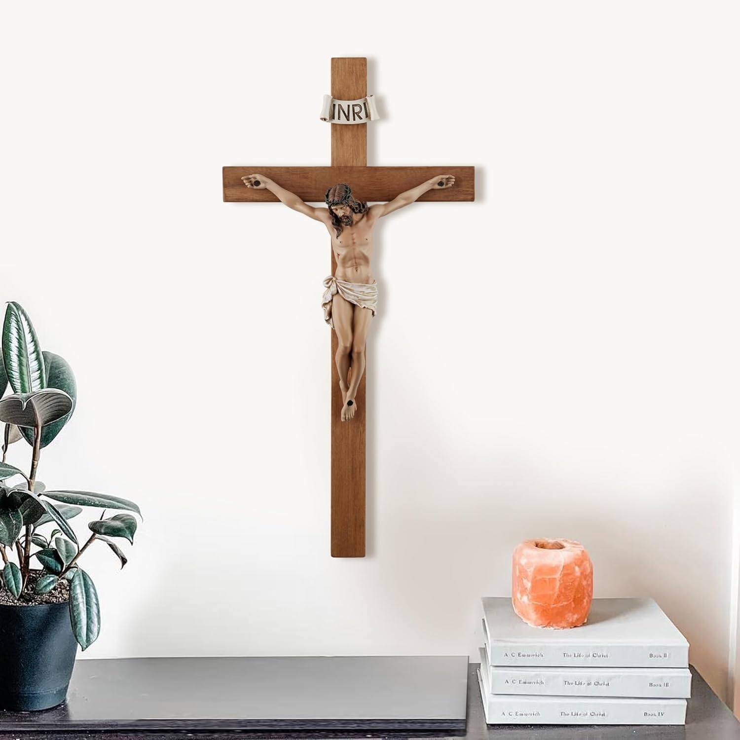14 Inch Olive Wood Wall Cross with Painted Jesus