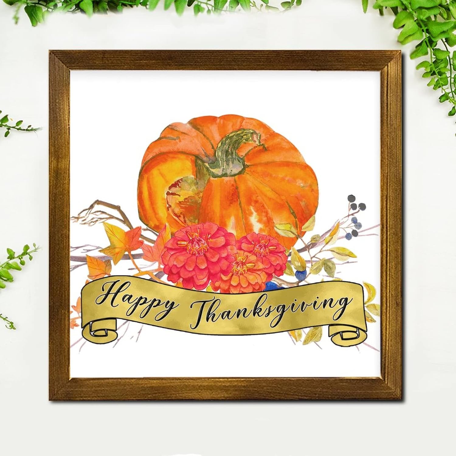 Happy Thanksgiving Framed Wood Wall Sign 12x12 Inch