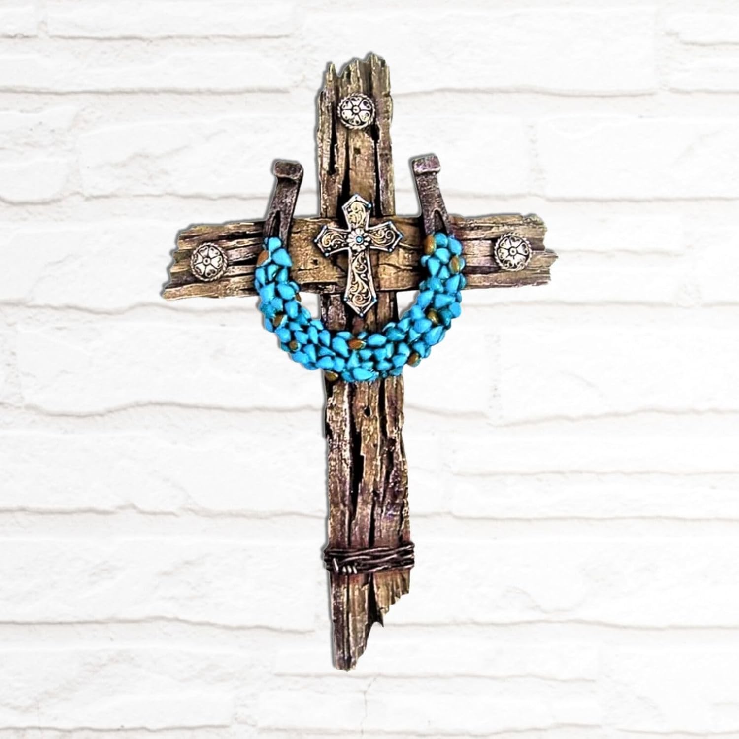 Rustic Drifted Wood Wall Cross with Turquoise Horseshoe