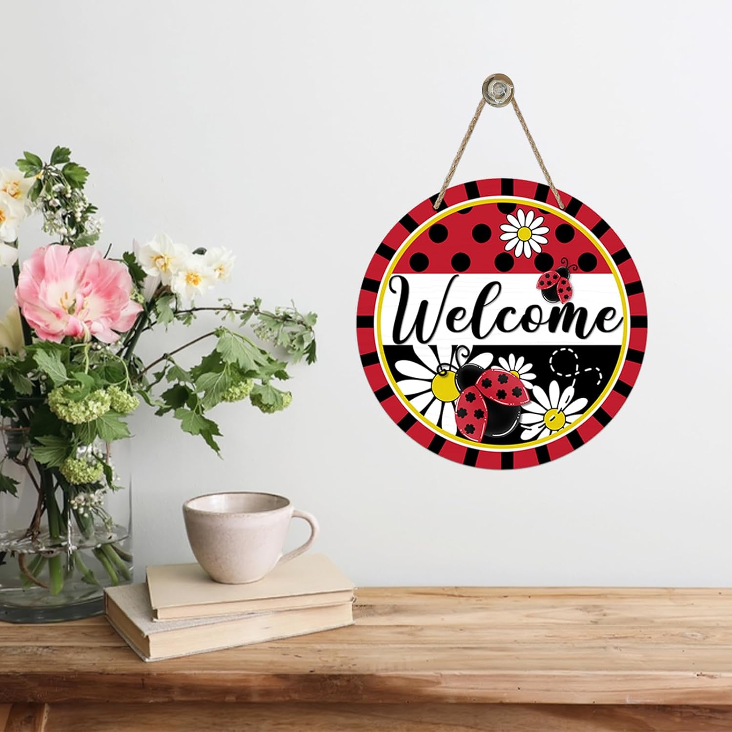 Welcome Spring Ladybug Front Door Sign Rustic Wood Decor