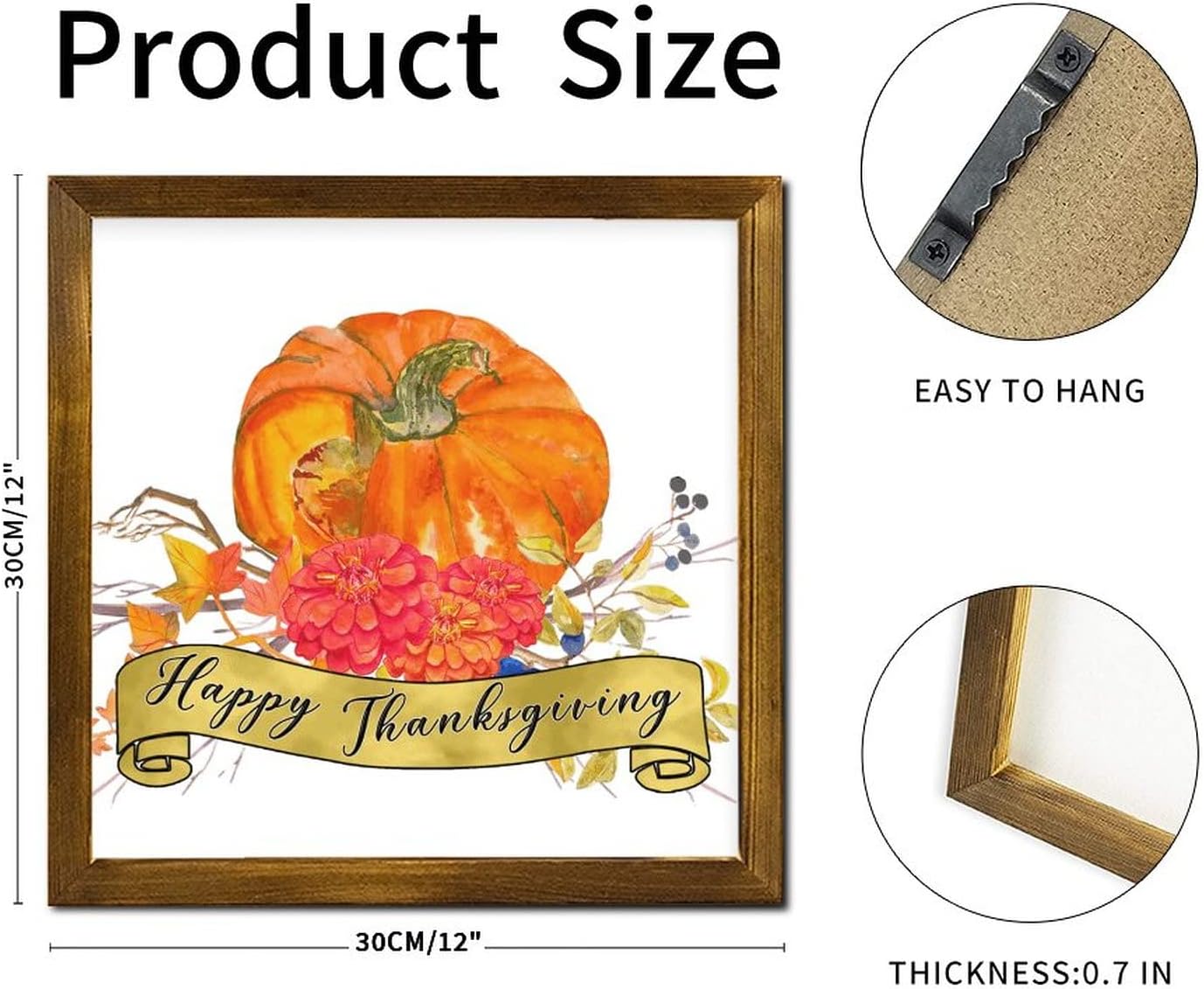 Happy Thanksgiving Framed Wood Wall Sign 12x12 Inch
