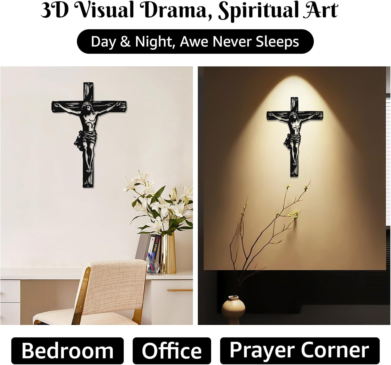 WAKOSAN Black Metal Crucifix Wall Art 3D Shadow Cross