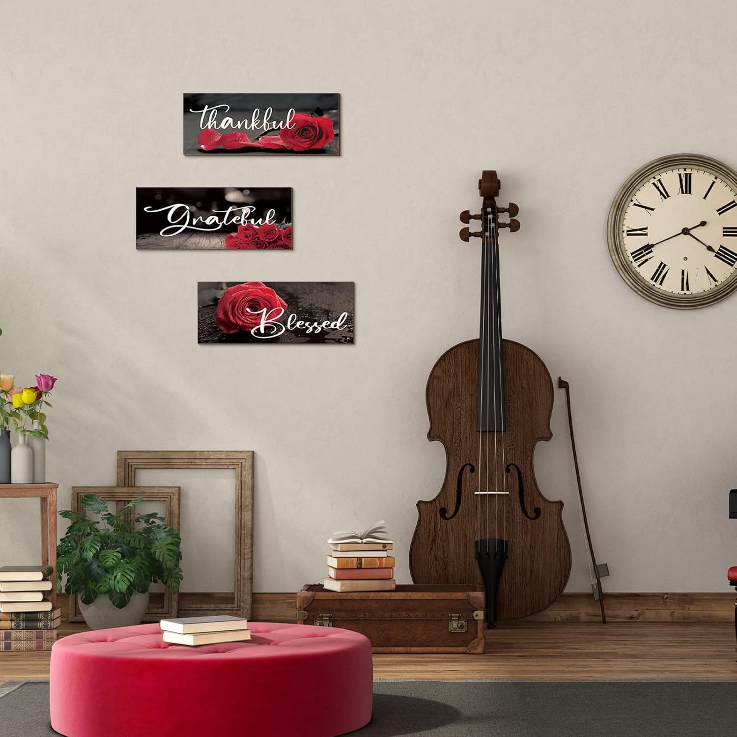 Hillban 3 Piece Red Rose Wooden Wall Art Decor