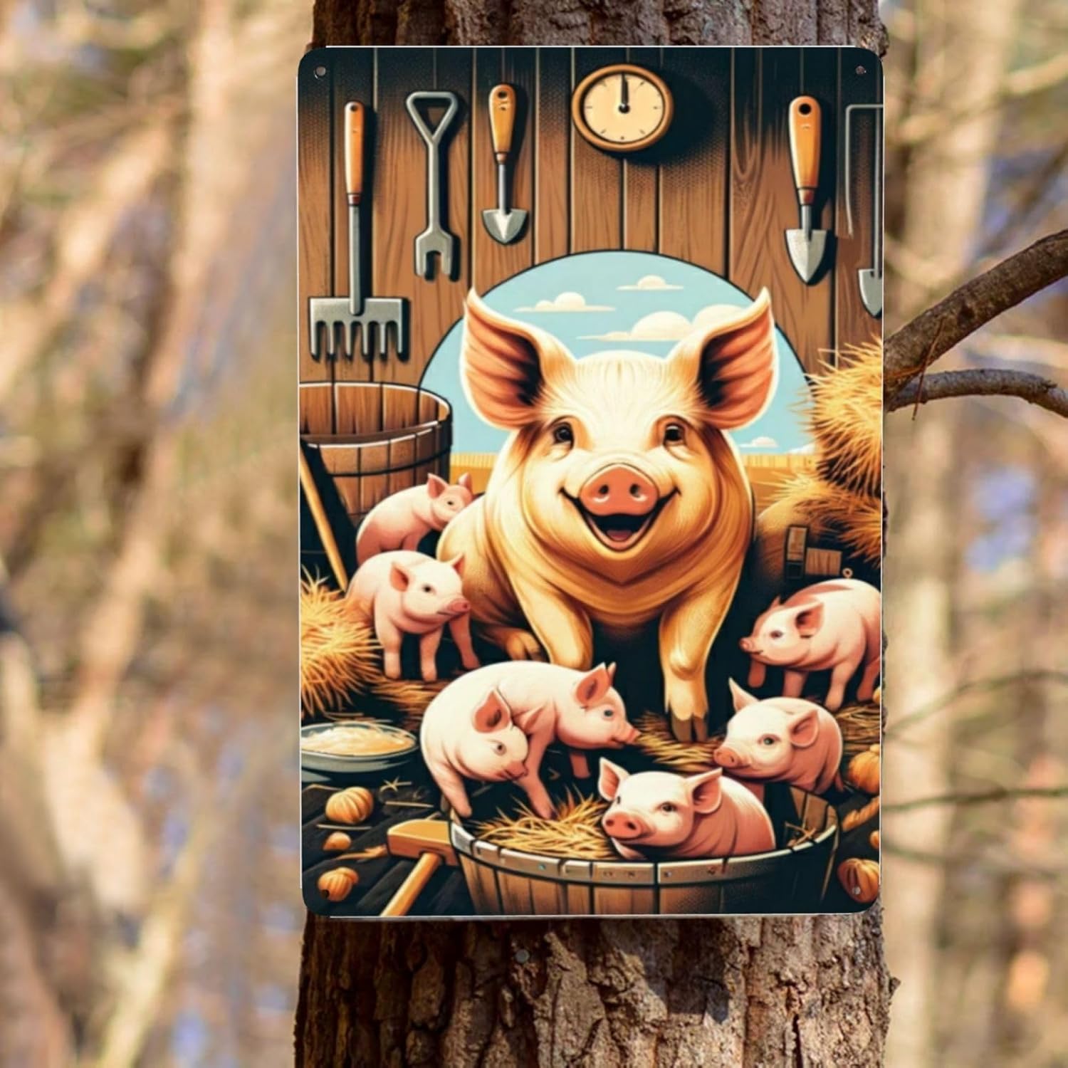 Rustic Barnyard Bliss Metal Wall Art Smiling Pig Piglets Tin Sign