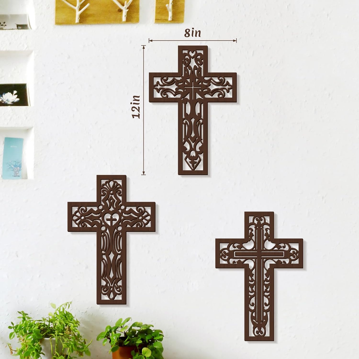 Bnesi 3 Pcs Wooden Cross Wall Decor Brown Crosses