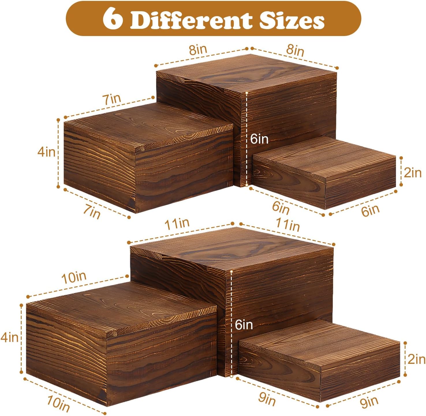 6 Pack Rustic Wood Risers Display Stands for Party and Buffet