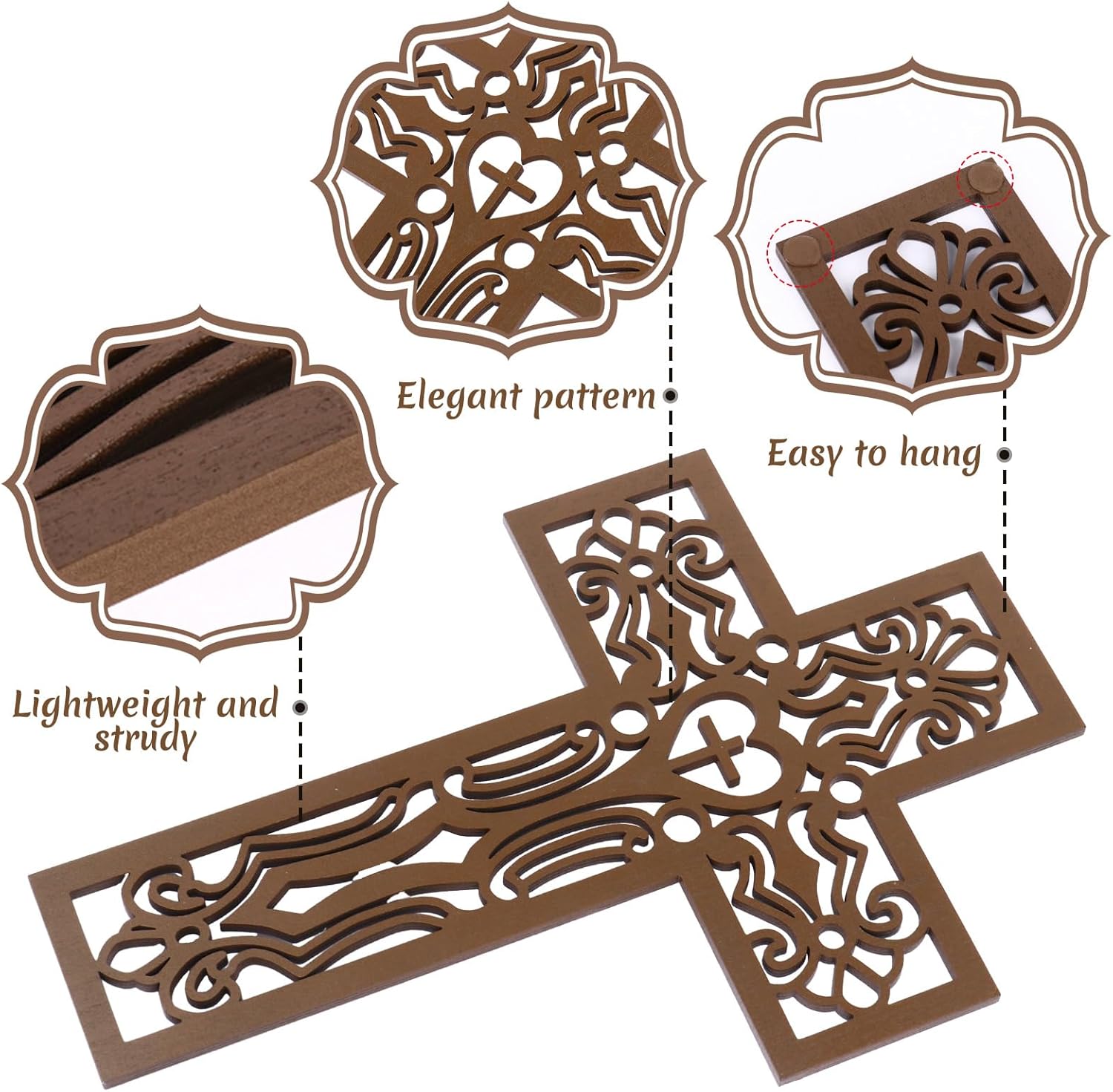 Bnesi 3 Pcs Wooden Cross Wall Decor Brown Crosses