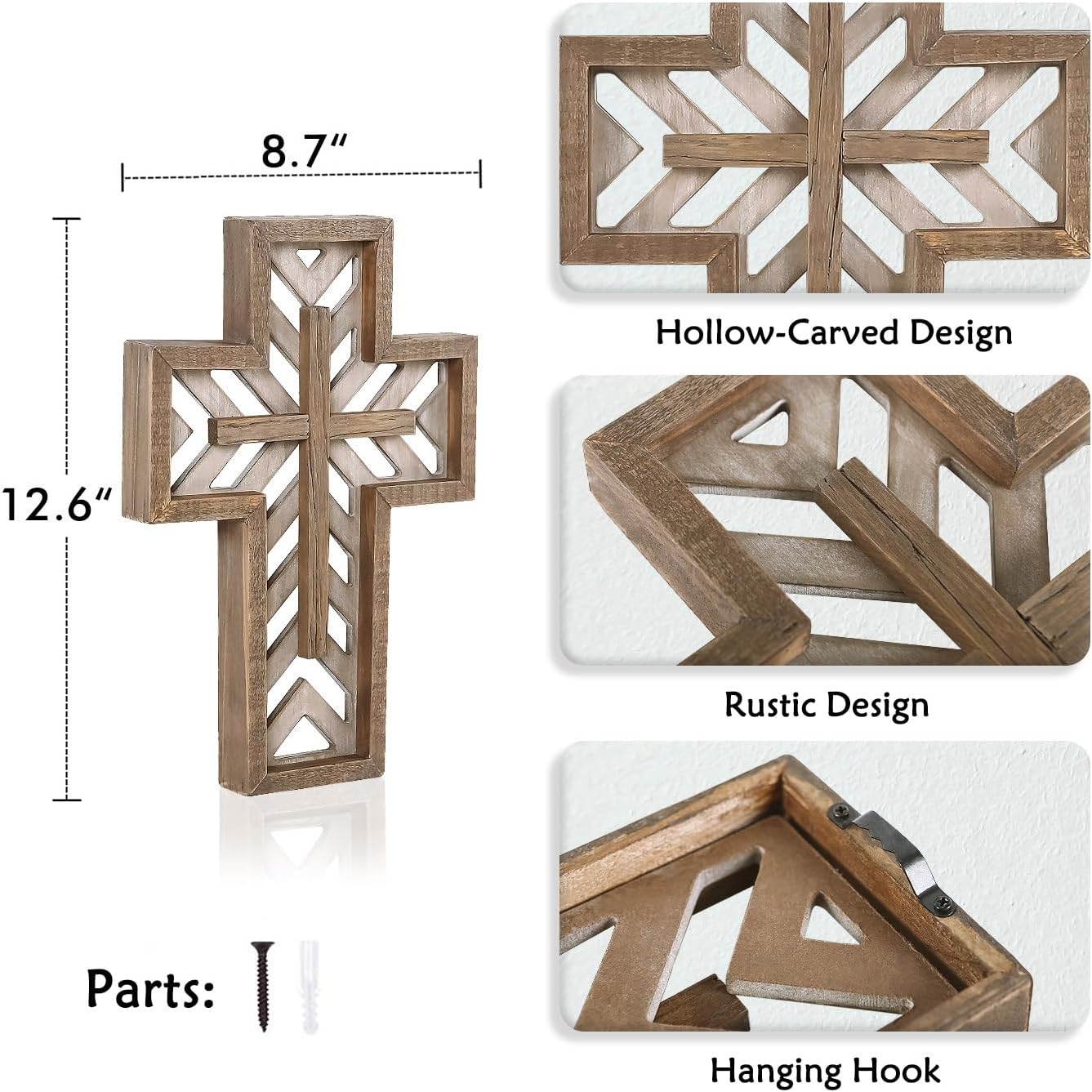 12 Inch Handmade Rustic Wooden Wall Cross - Brown