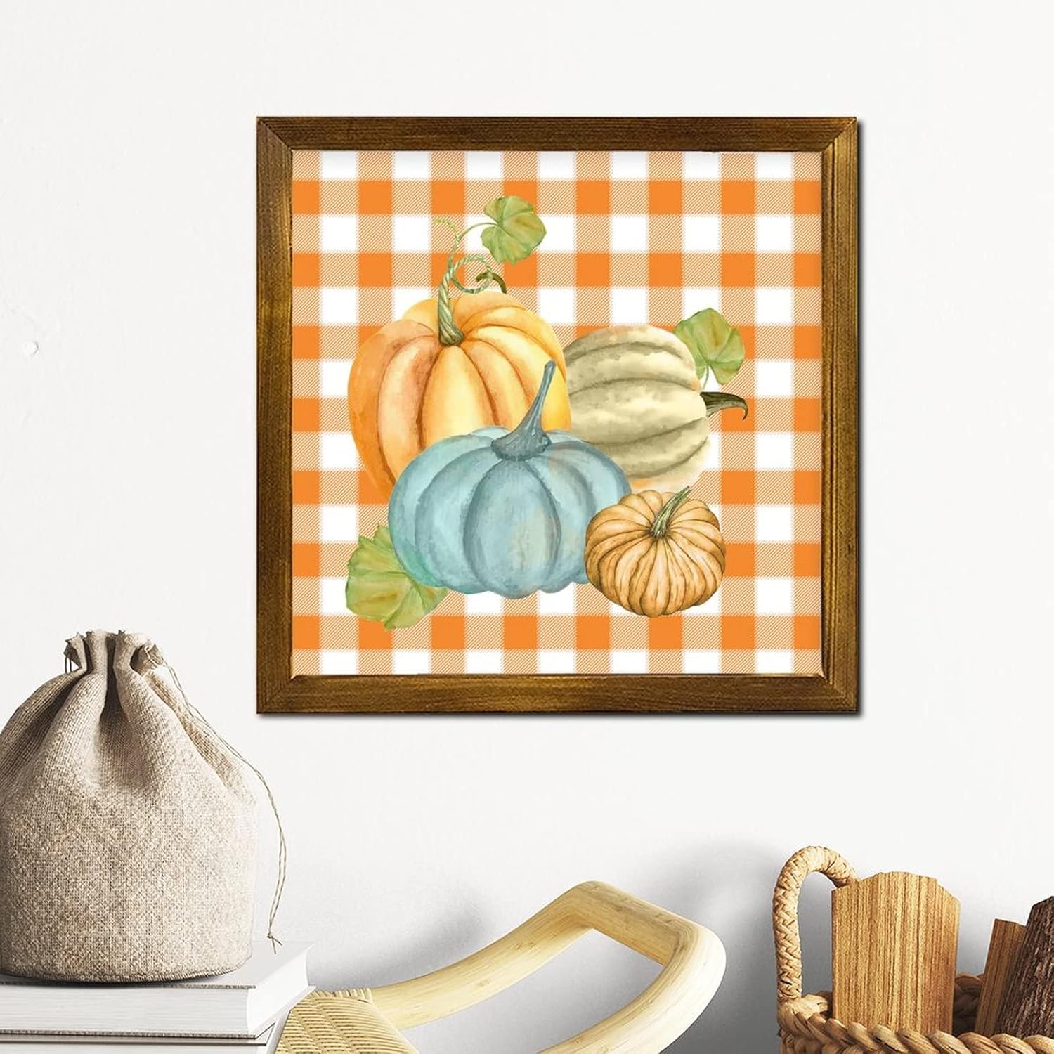 Farmhouse Pumpkin Watercolor Buffalo Plaid Framed Wooden Sign