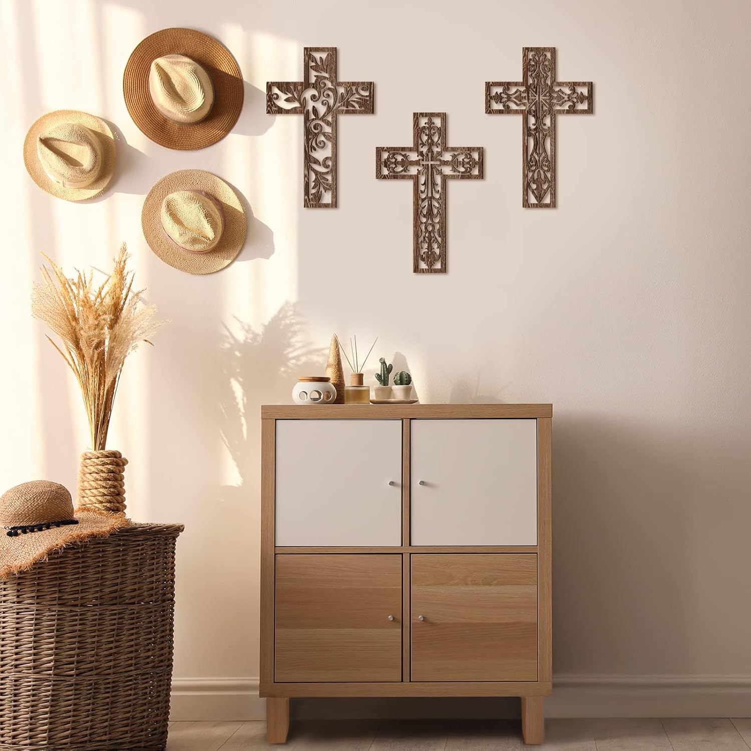 Yookeer 3 Pcs Handmade Brown Wooden Wall Cross Decor