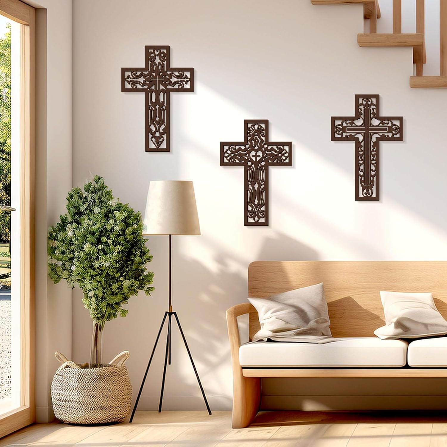 Bnesi 3 Pcs Wooden Cross Wall Decor Brown Crosses
