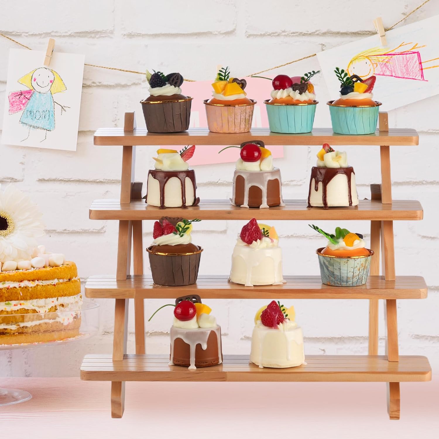 4 Tier Wooden Cupcake Display Stand with Risers