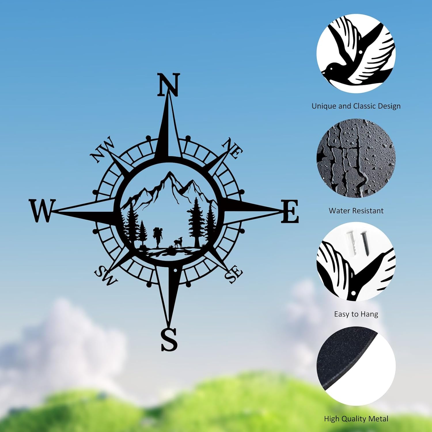 Ruelen 11 Inch Black Metal Mountain Compass Wall Decor