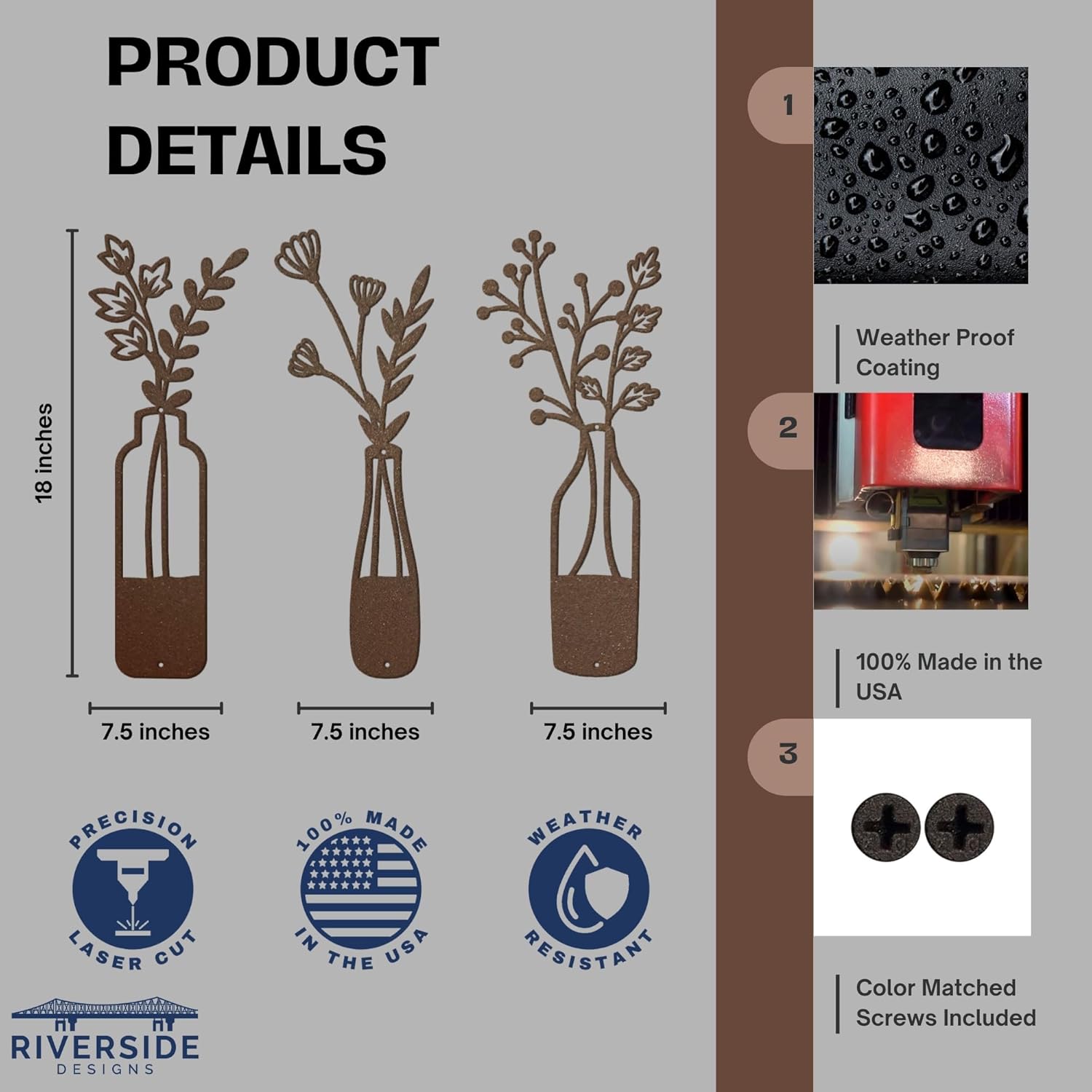3-Piece Metal Flower Wall Art - Rustic Farmhouse Rust Finish