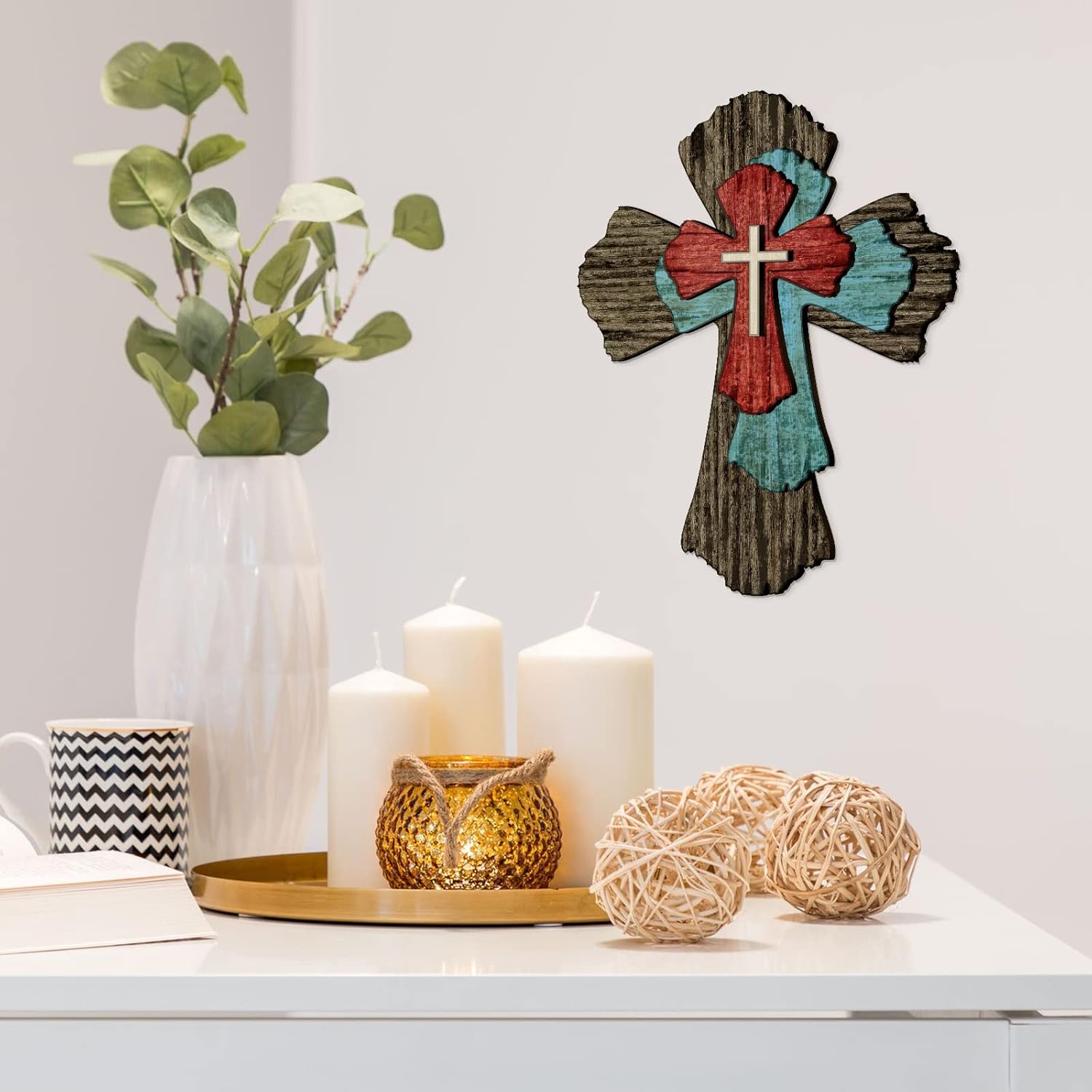 Blulu Rustic Wooden Wall Cross Decor Art Sculpture