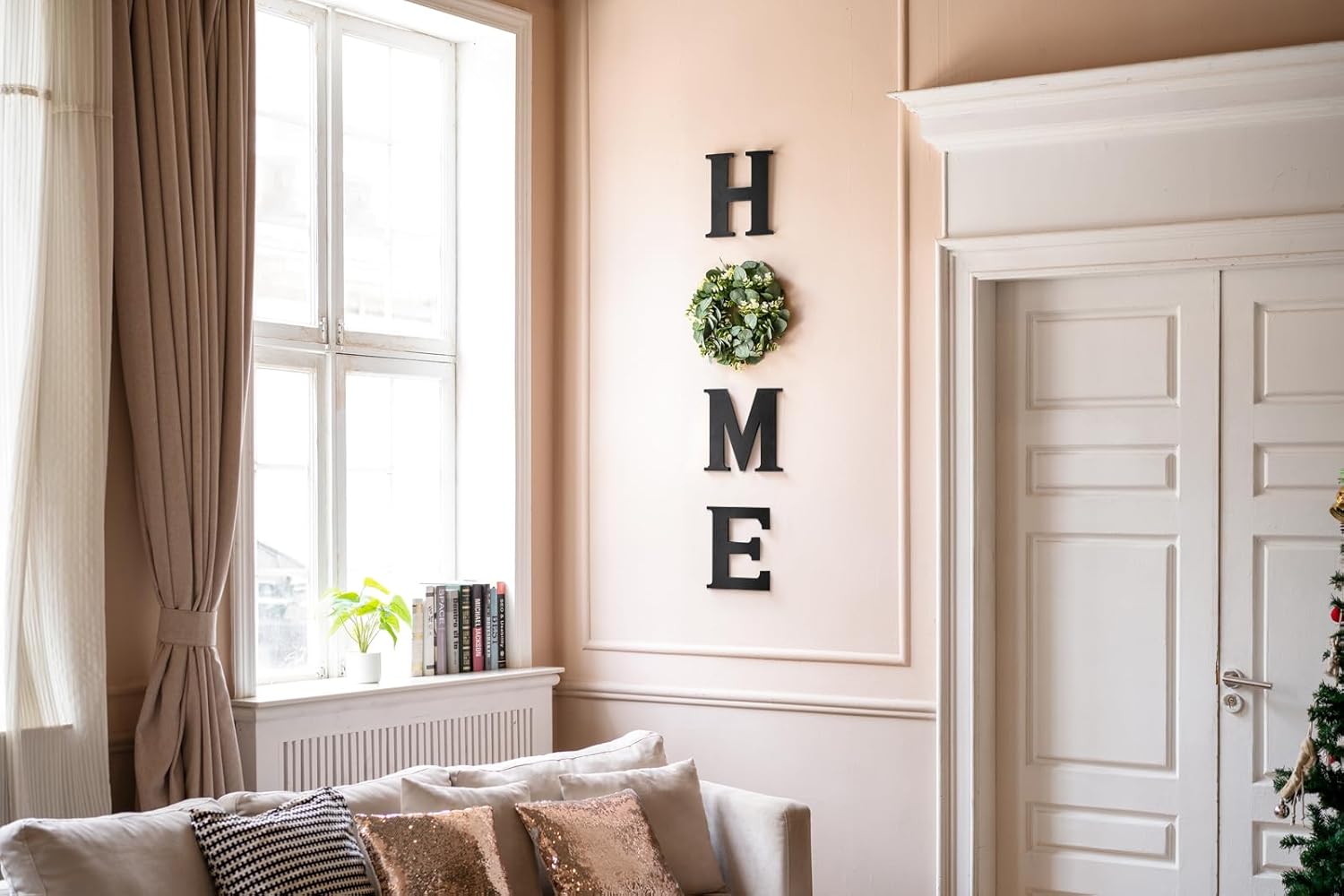 Mkono Farmhouse Wall Sign with Black Wooden Letters and Artificial Eucalyptus Wreath