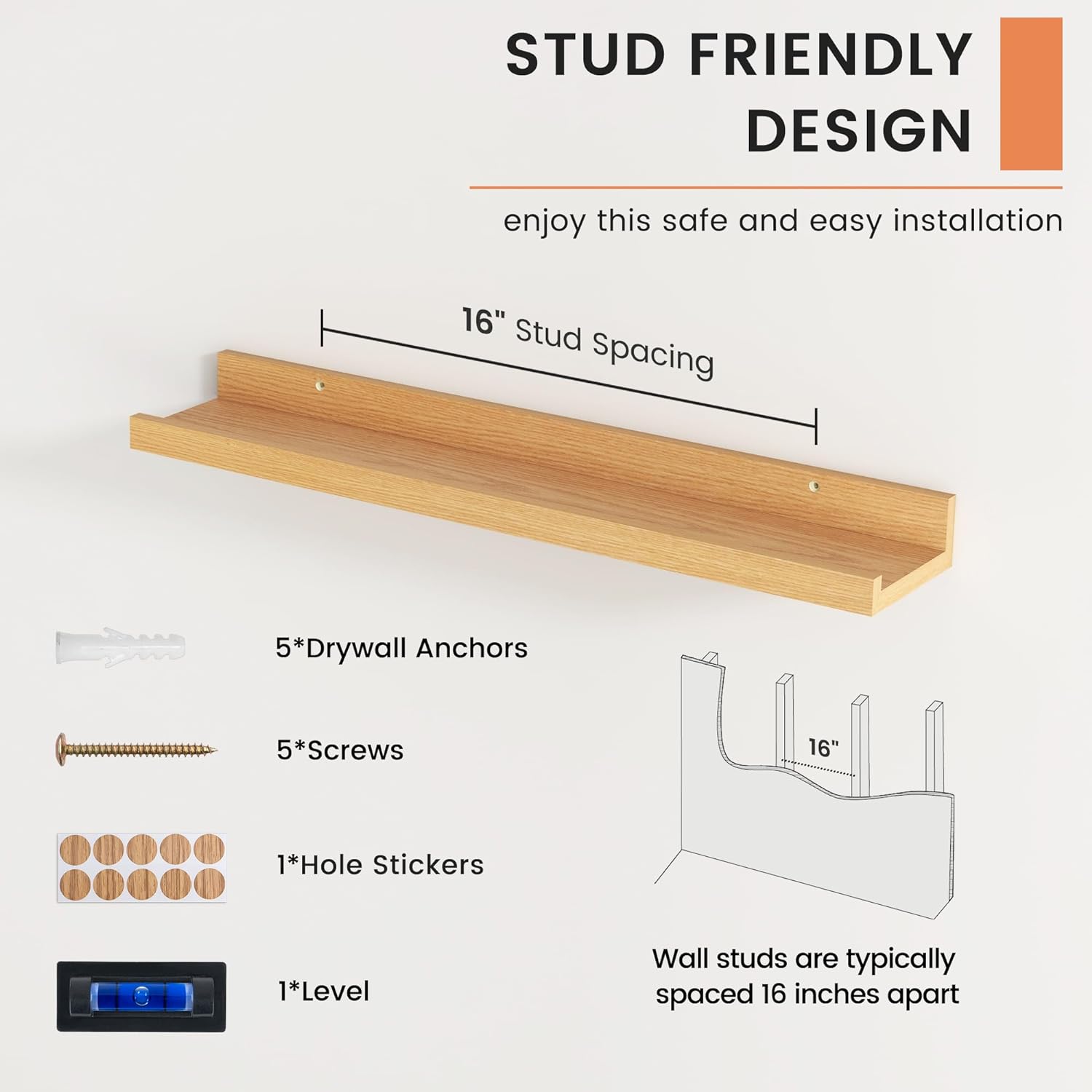 FLYJOE Floating Shelf Set of 2 24 Inches Natural Oak Bookshelf