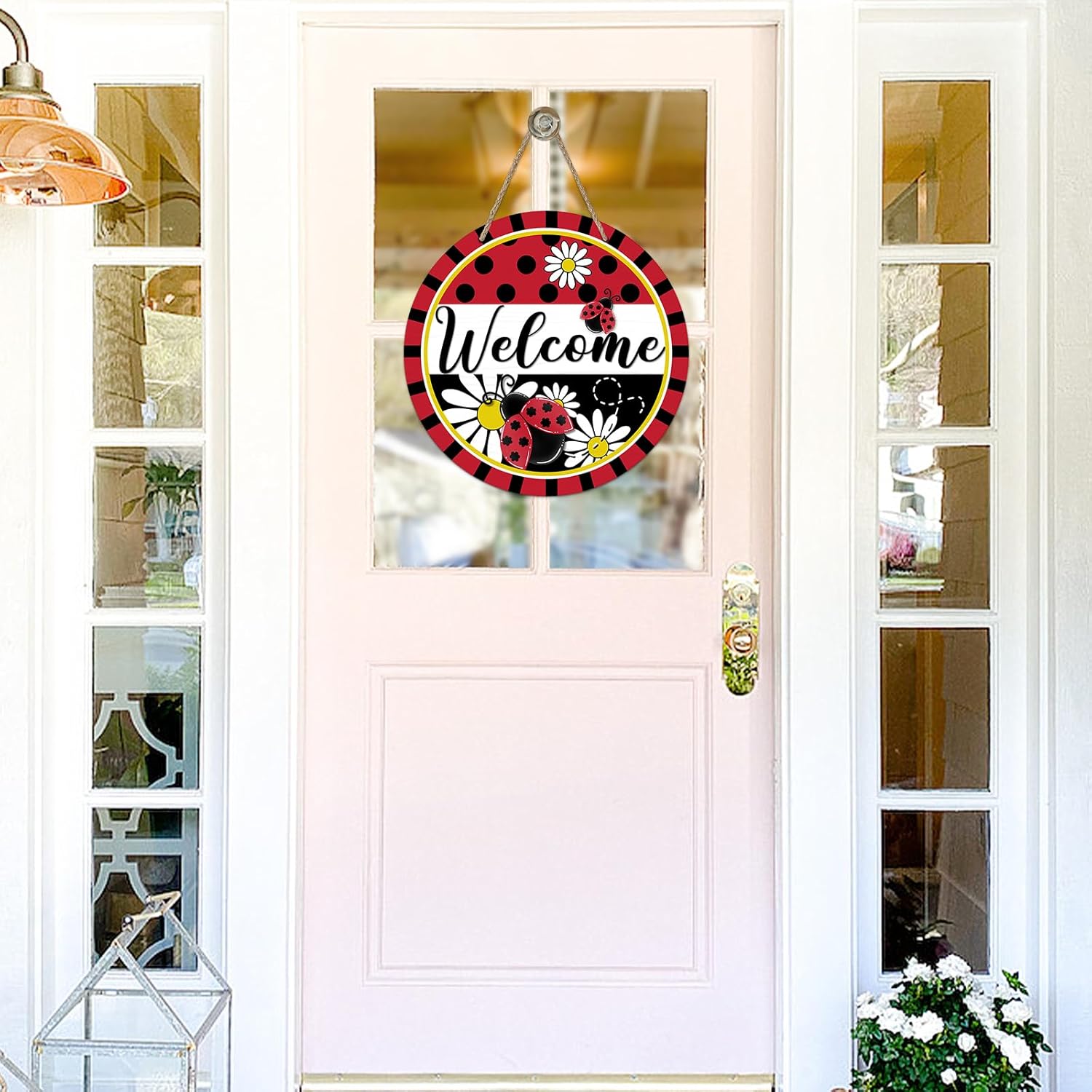 Welcome Spring Ladybug Front Door Sign Rustic Wood Decor
