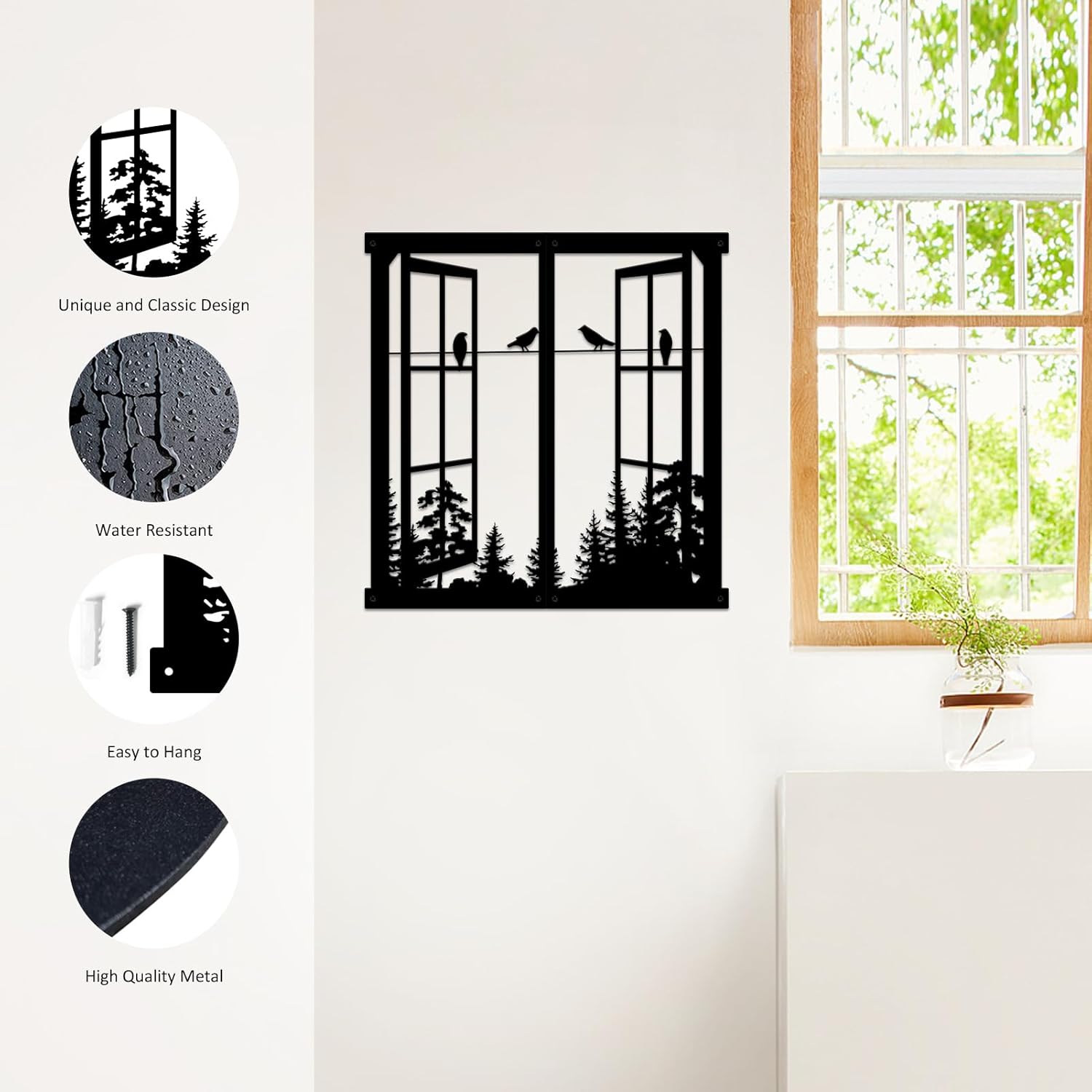Resama Black Metal Wall Decor with Birds and Windows