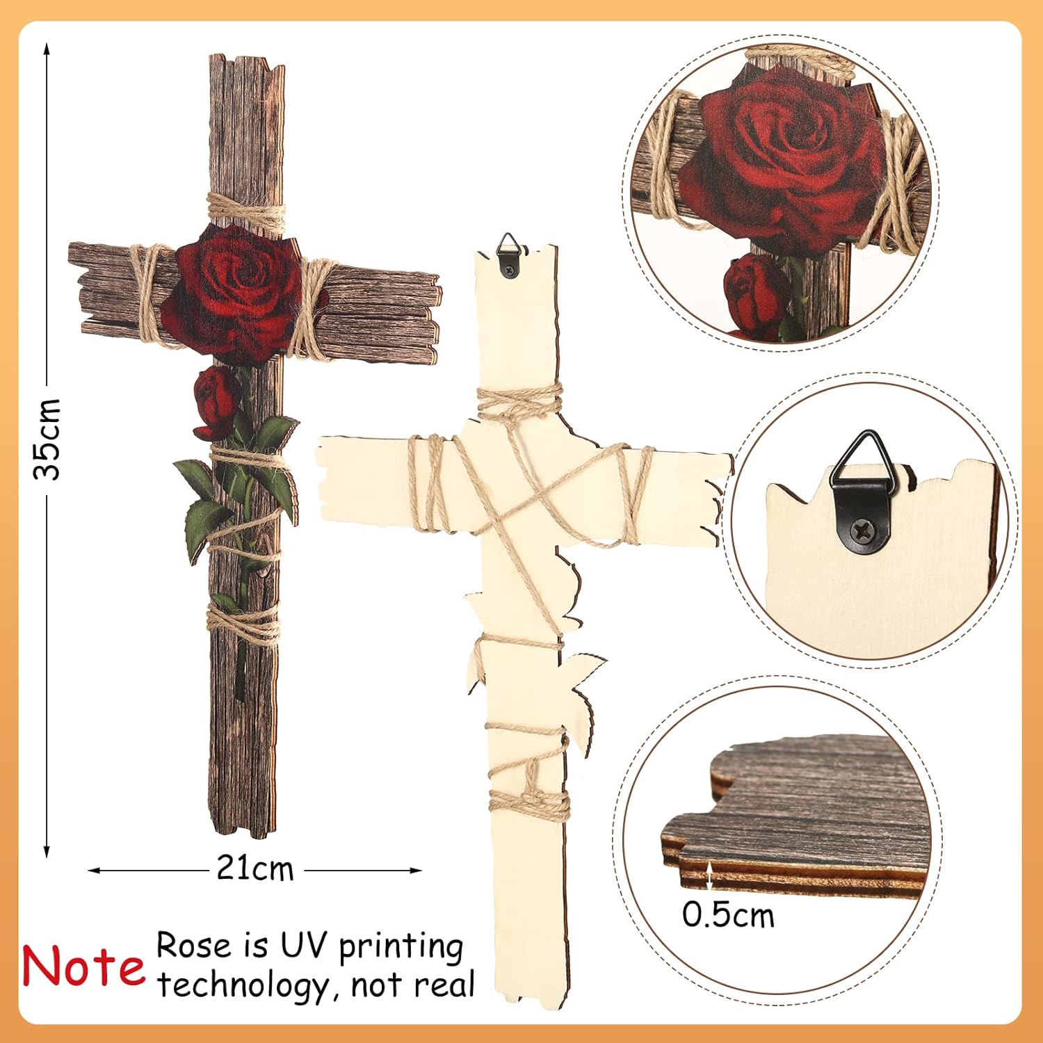 Chunful Wooden Wall Cross with Hemp Rope and Rose