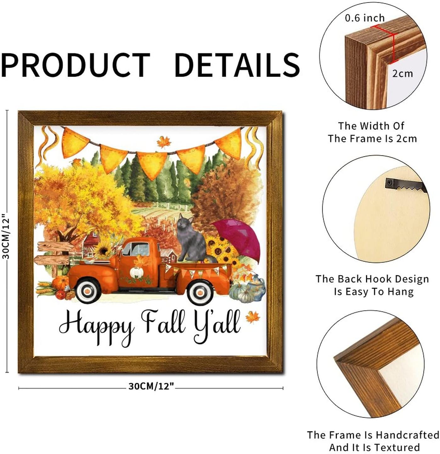 Happy Fall Yall Farm Flower Orange Truck Cat Framed Wood Sign