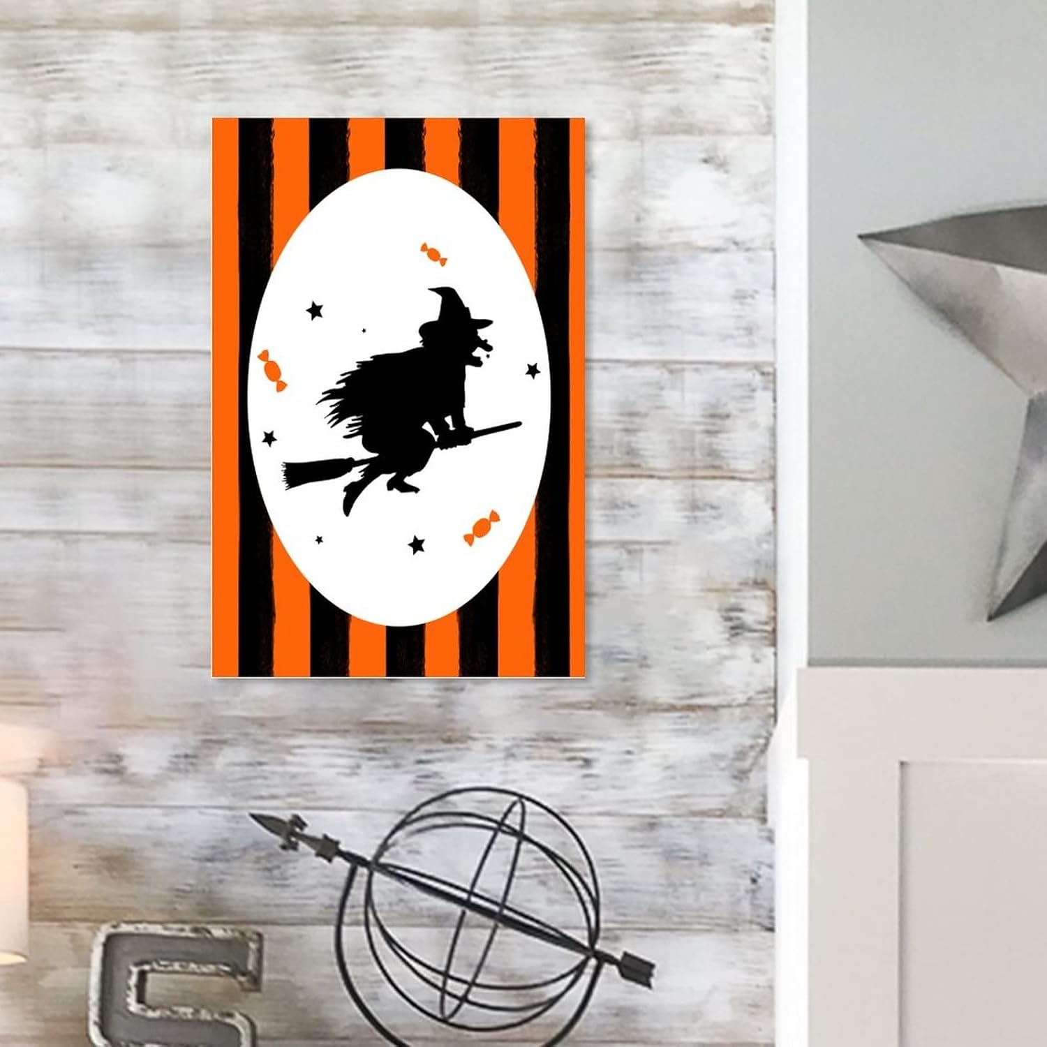 Wooden Halloween Sign with Orange Black Pumpkins Cat Witch