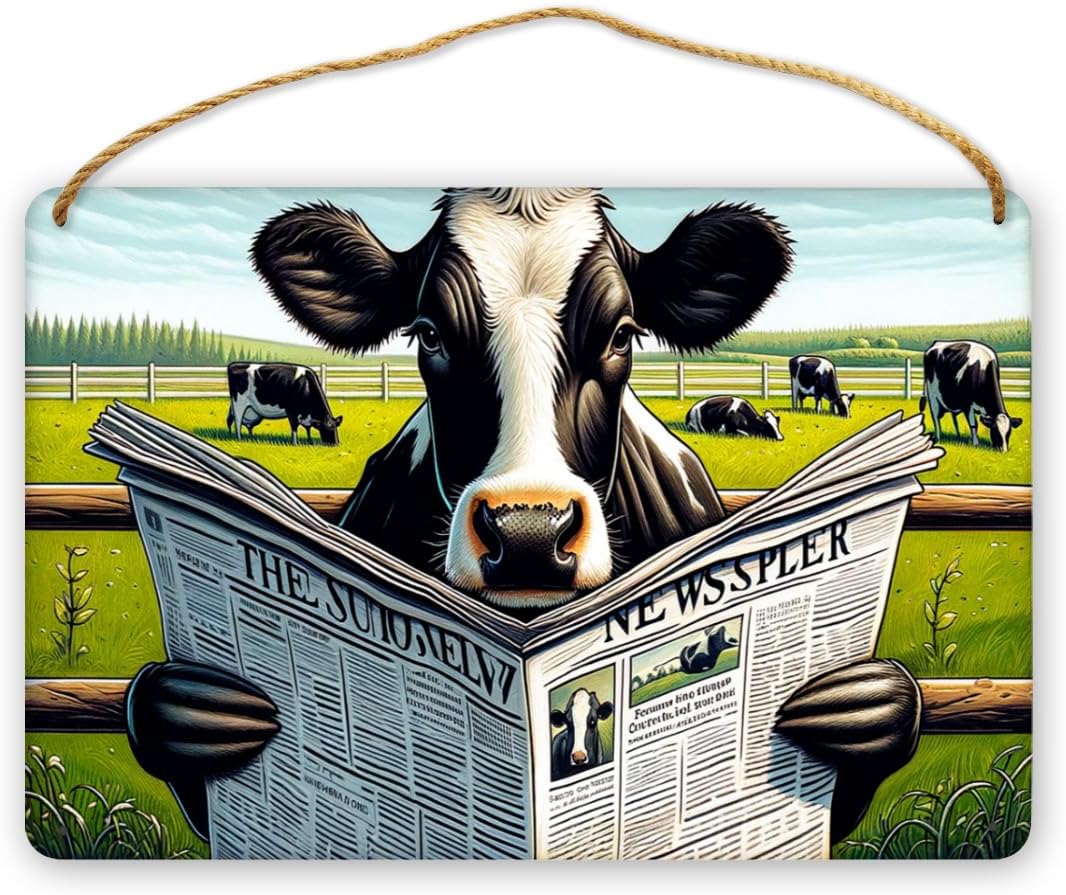 Rustic Farmhouse Cow Wall Art with Newspaper Wooden Sign