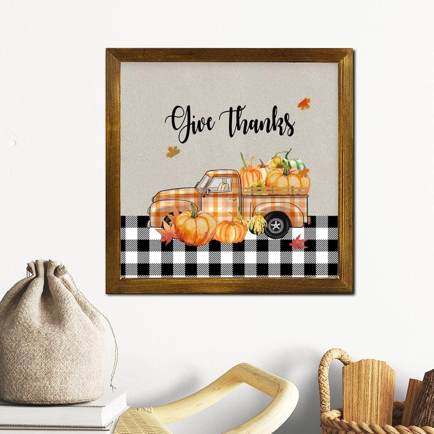 Give Thanks Pumpkin Orange Plaid Truck Wood Wall Sign 12x12 inch
