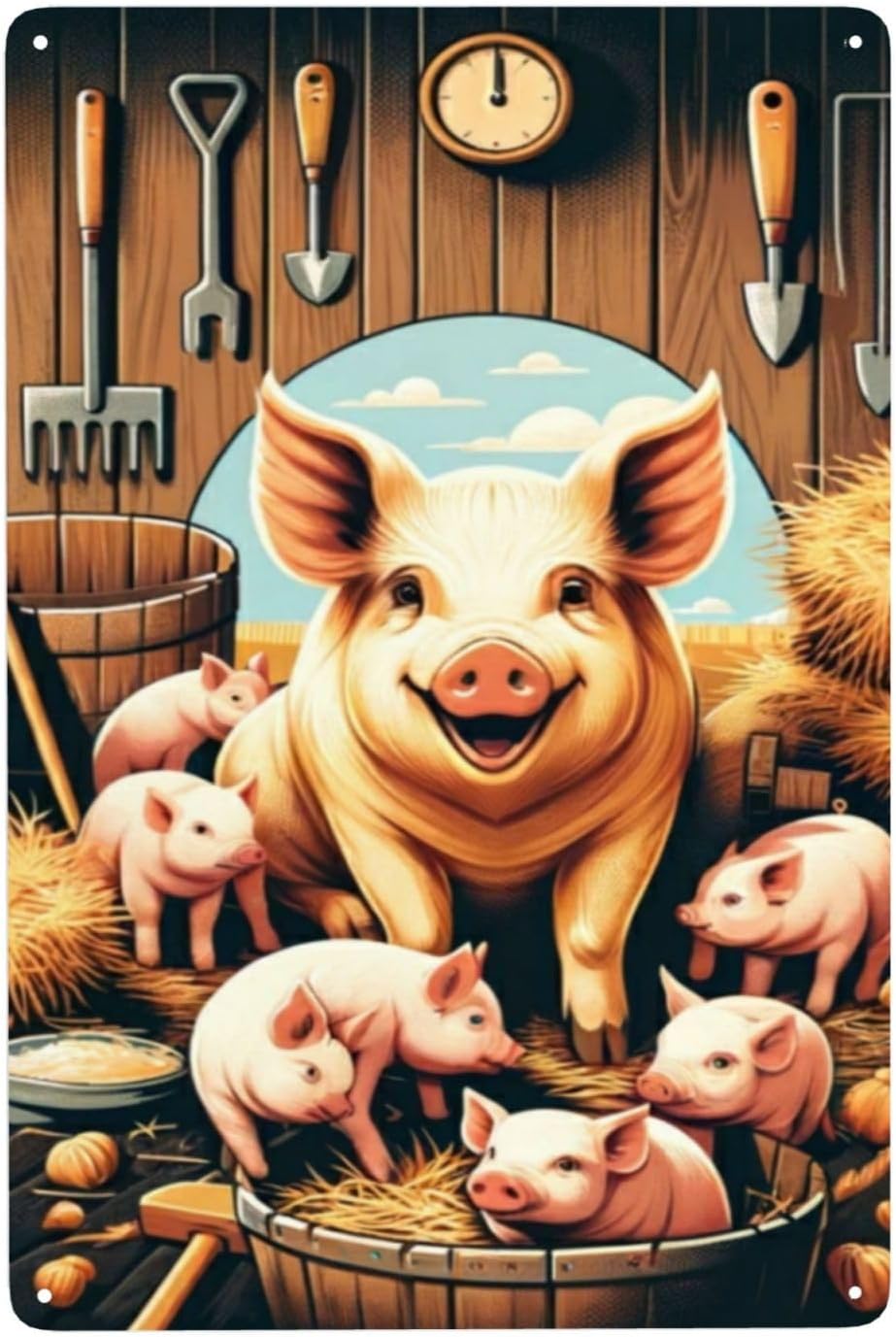 Rustic Barnyard Bliss Metal Wall Art Smiling Pig Piglets Tin Sign