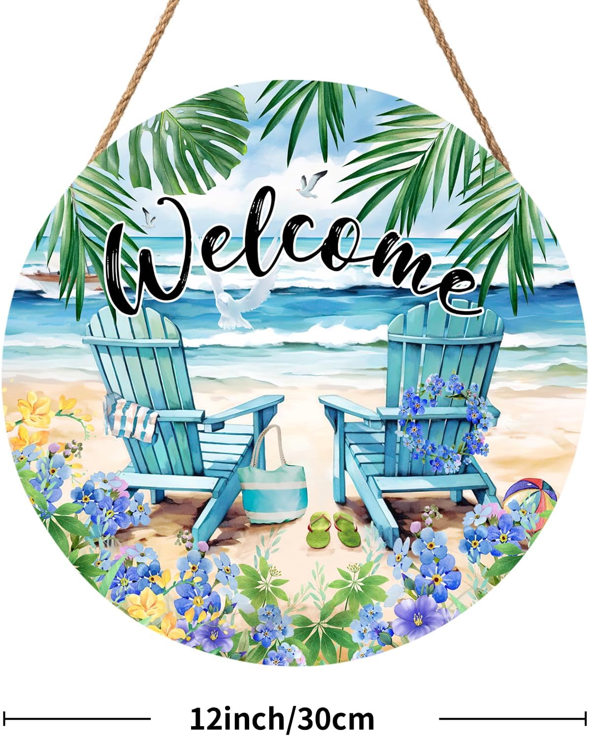 Welcome Summer Sea Chair Front Door Sign Wooden Wreath 12x12
