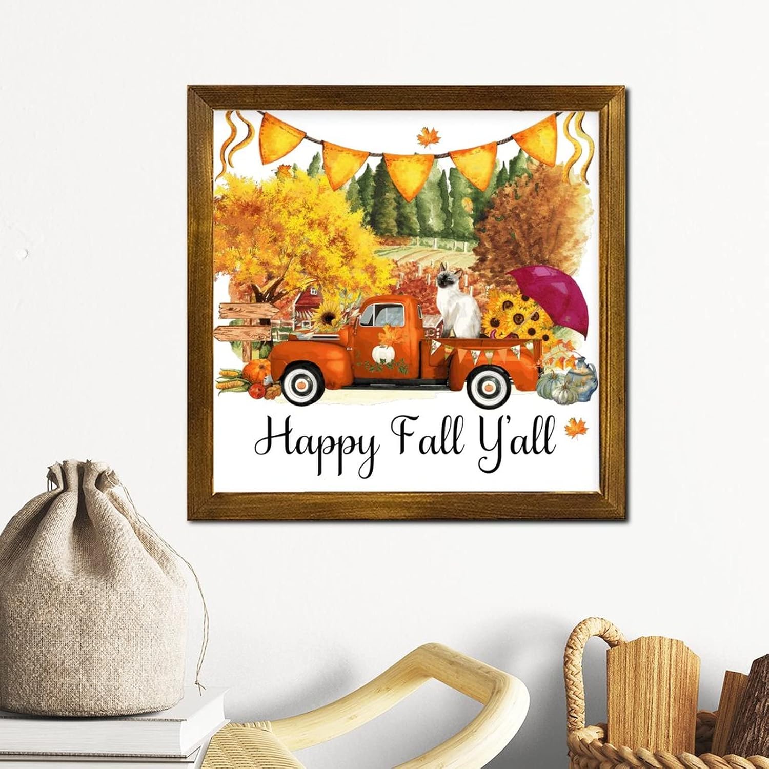 Happy Fall Yall Cat Orange Truck Wood Framed Sign
