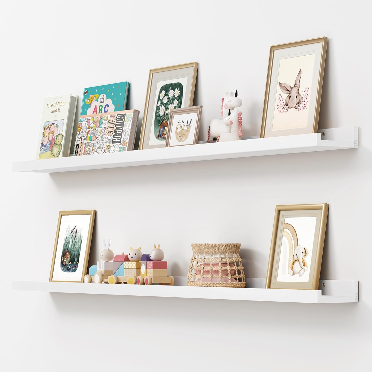 Picture Ledge Shelf Set of 2 White Solid Pine Wood Floating Shelves