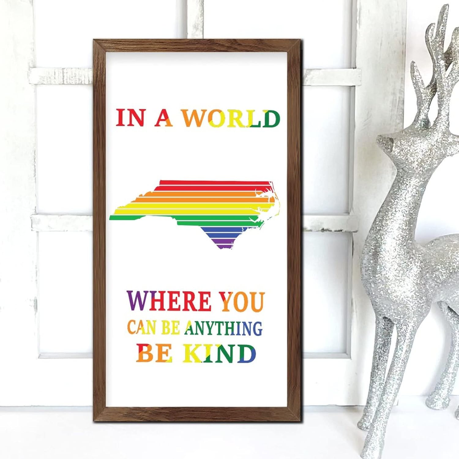 Rainbow NC Map Framed Wood Welcome Sign Farmhouse Decor