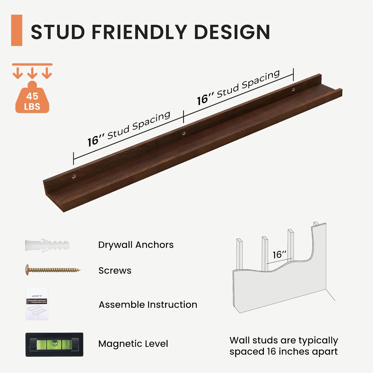 Acovy Solid Ash Wood Floating Shelves Set of 2 48 Inch Long Walnut