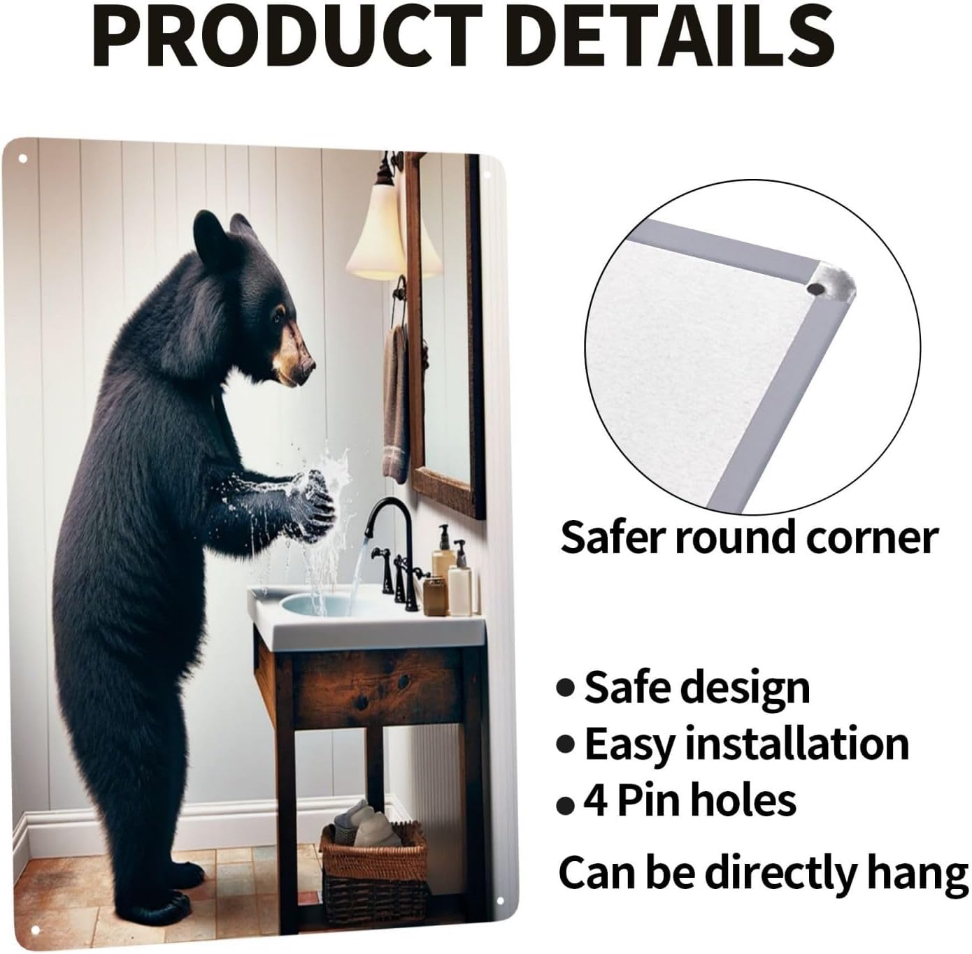 Whimsical Black Bear Handwash Wall Art Metal Tin Sign
