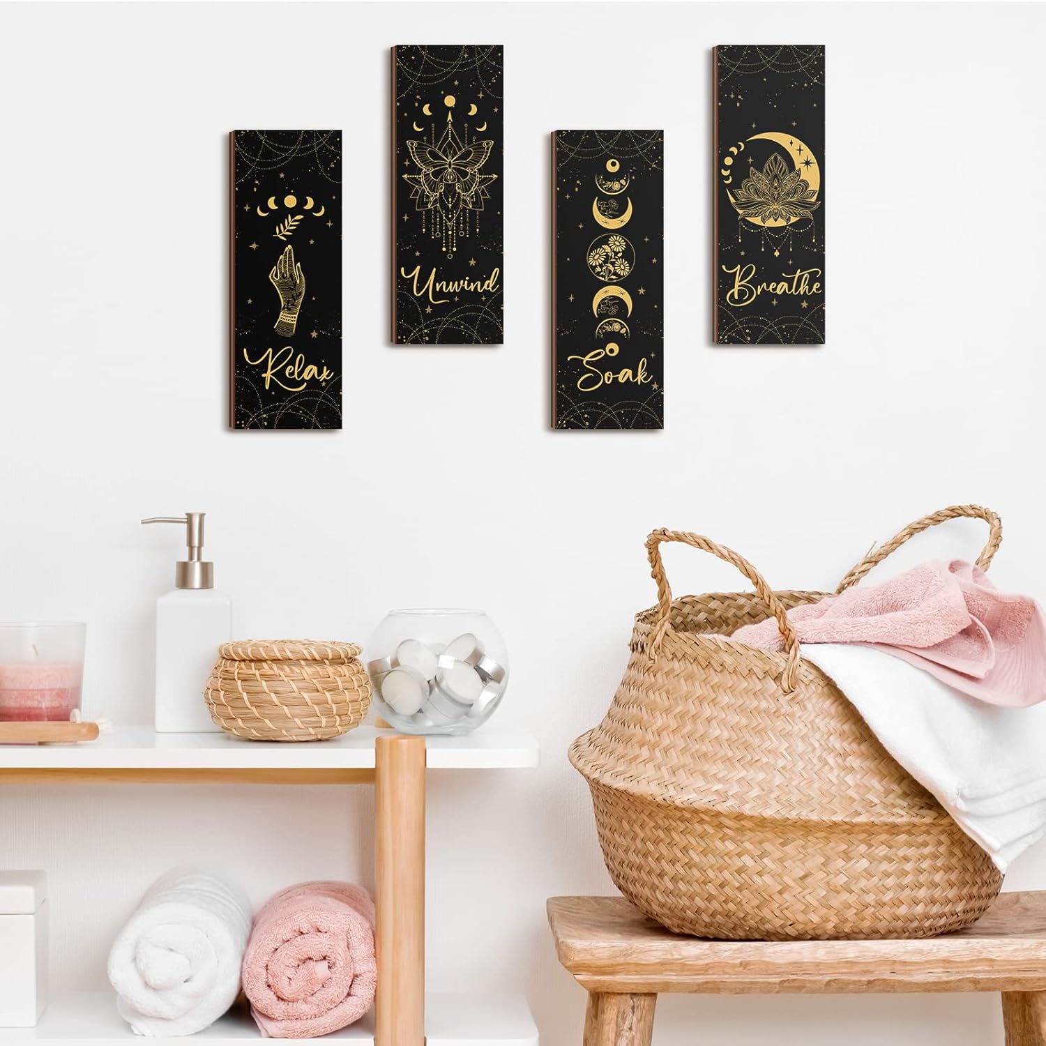 Qunclay 4 Pcs Rustic Boho Wall Decor Moon Phases Art