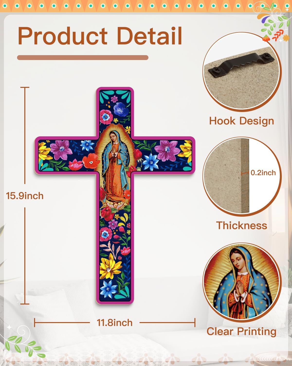 Floral Cross Wall Decor Mexican Style Wooden Art