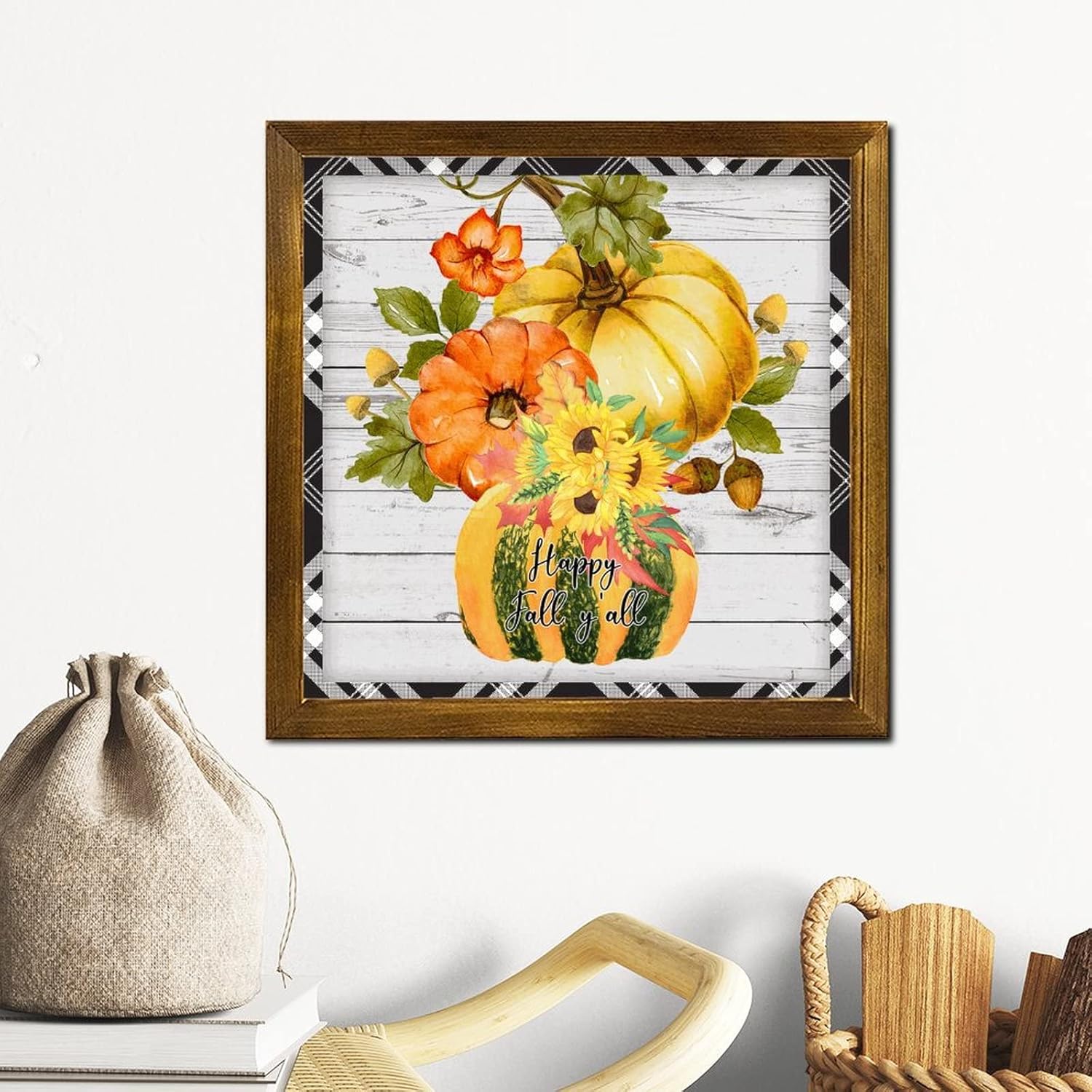 Happy Fall Yall Wood Framed Sign 12x12 Inch