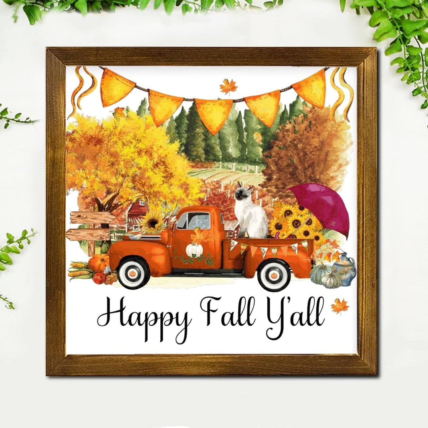 Happy Fall Yall Cat Orange Truck Wood Framed Sign