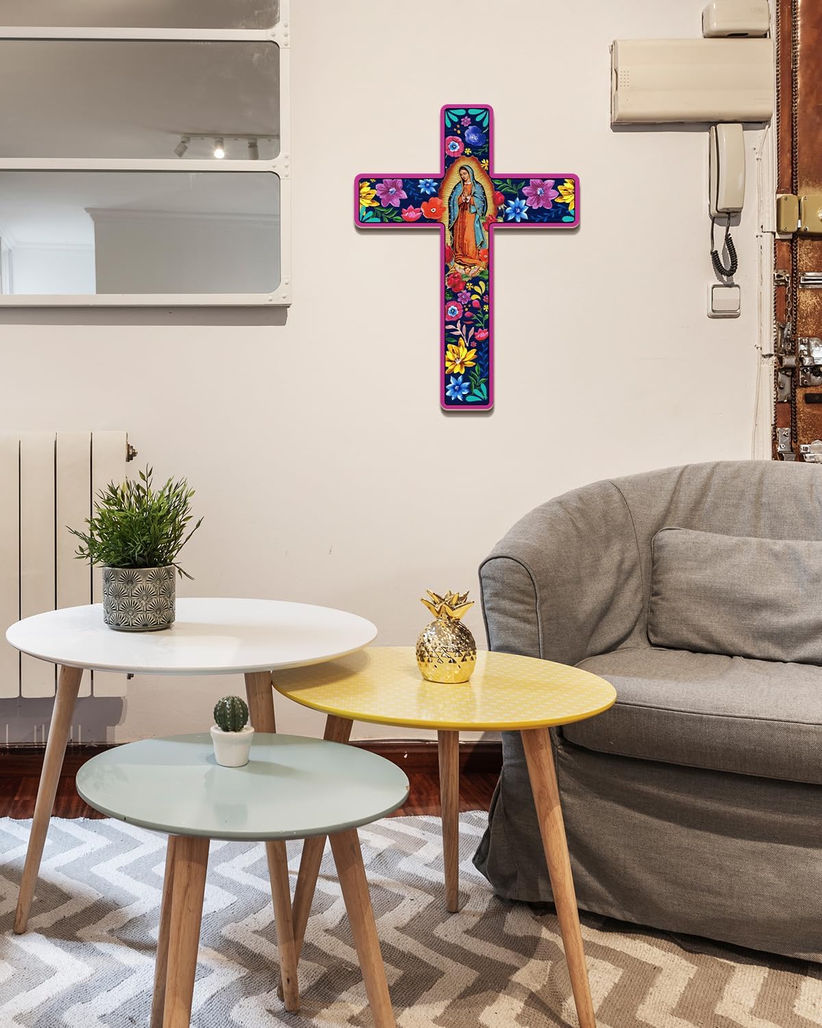 Floral Cross Wall Decor Mexican Style Wooden Art