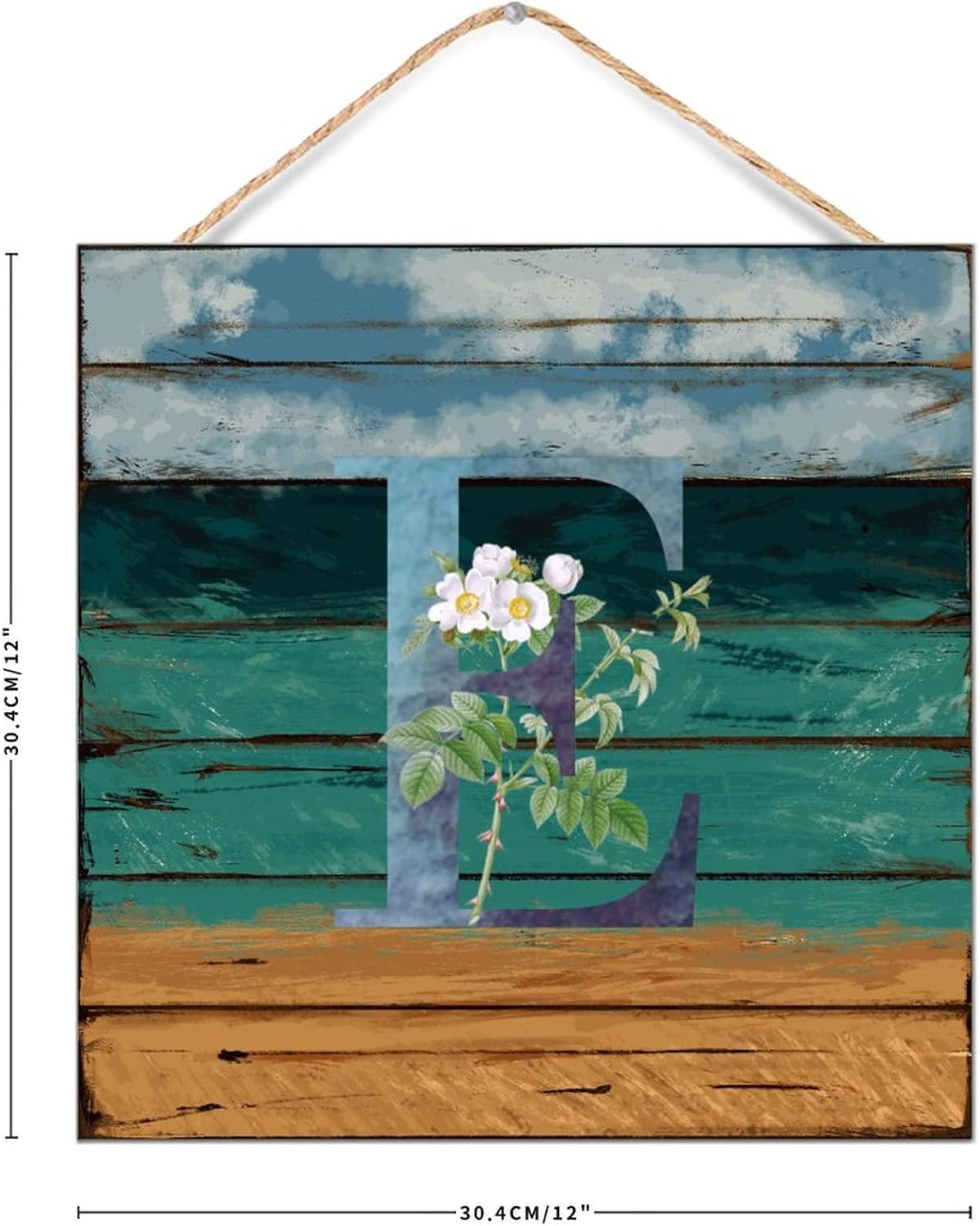 Rustic Wood Wall Sign Initial Letter E Blue Green