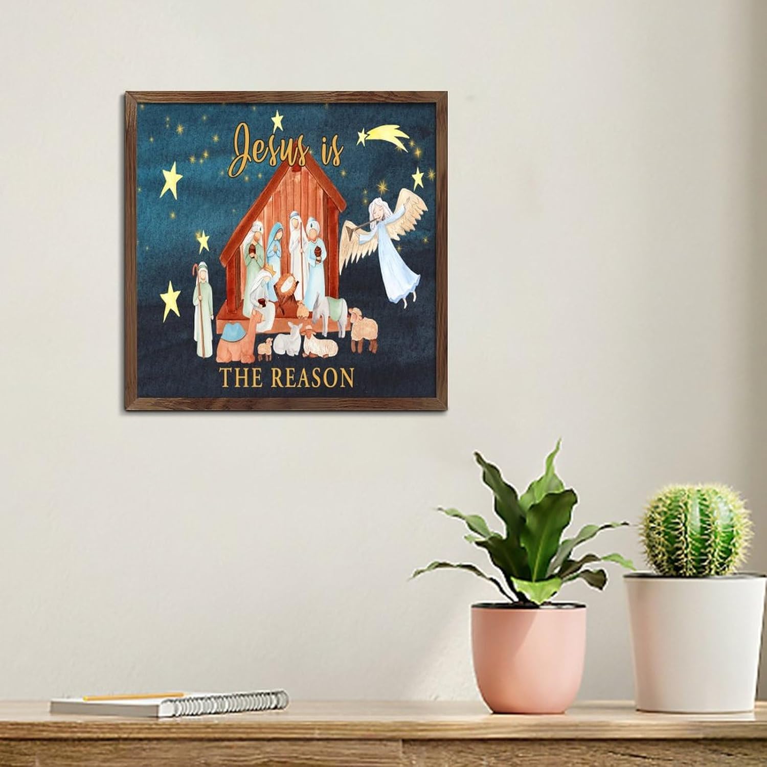 Christmas Nativity Scene Wood Framed Sign 7x7in