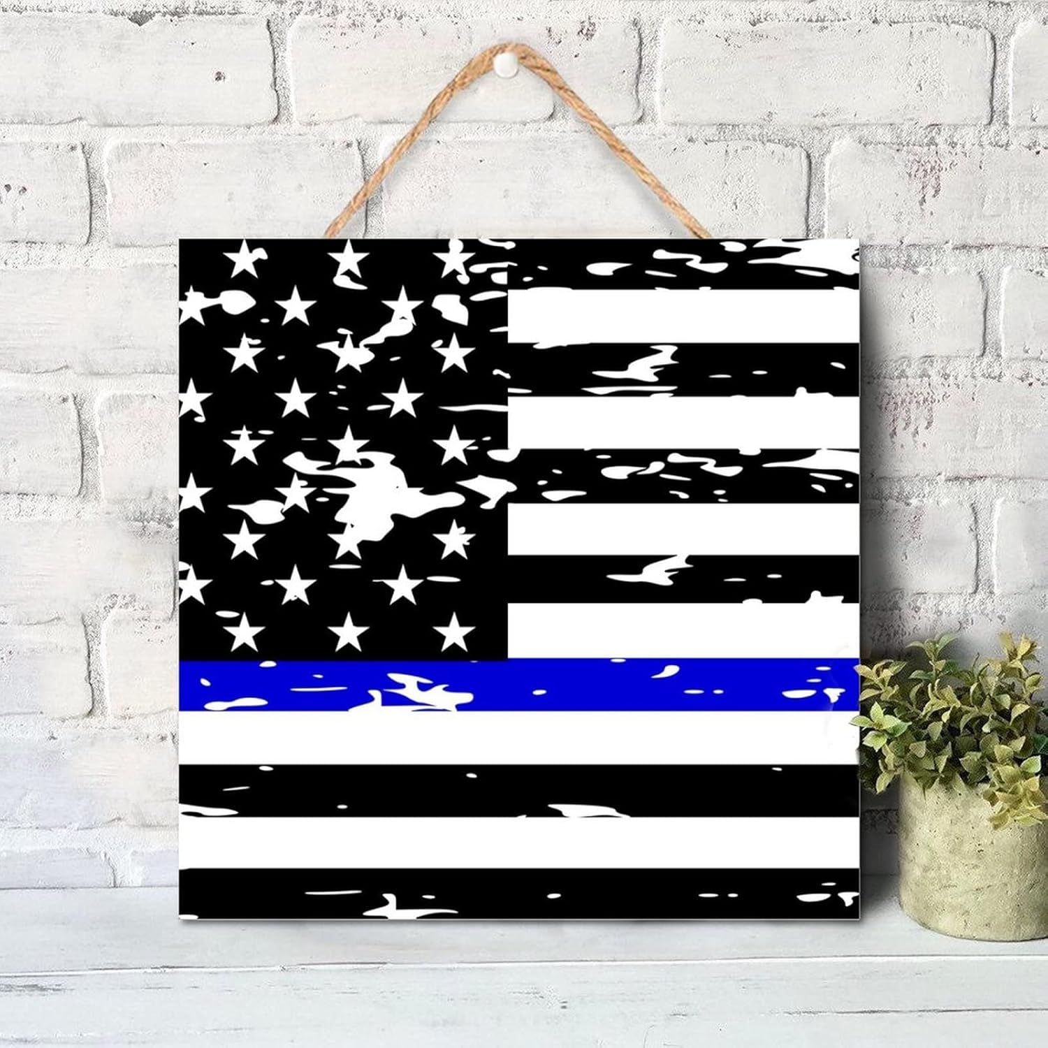Thin Blue Line Black American Flag Wooden Sign 12x12in