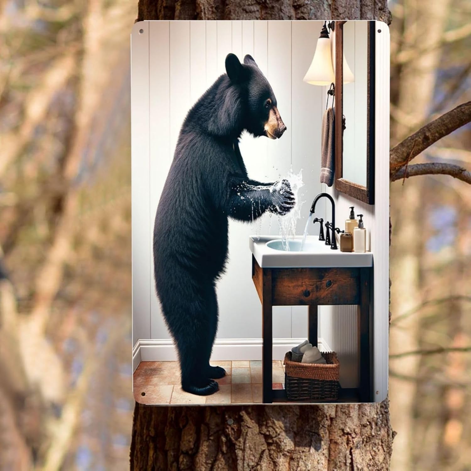 Whimsical Black Bear Handwash Wall Art Metal Tin Sign